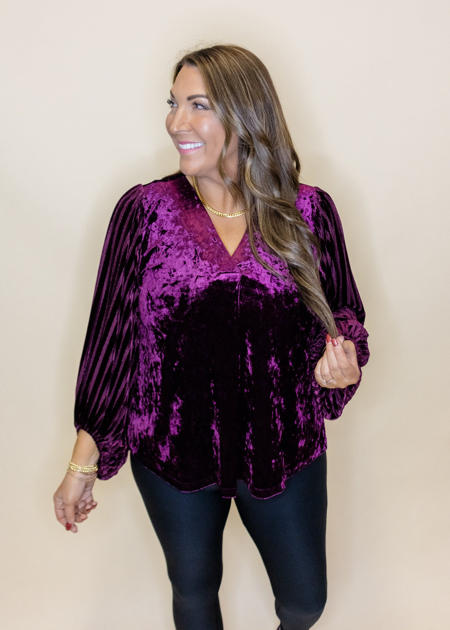 Eggplant Velvet Draped Sleeve Top