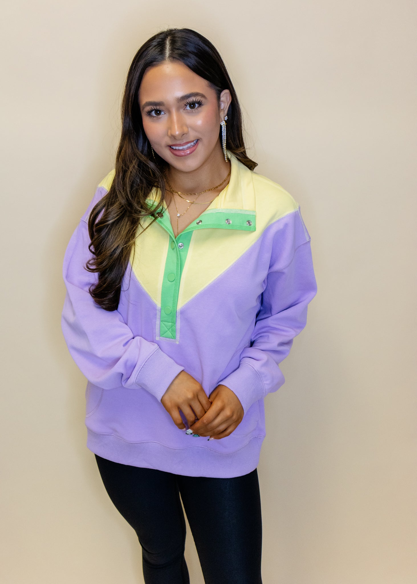Purple Bold Color Block Button Up Pullover