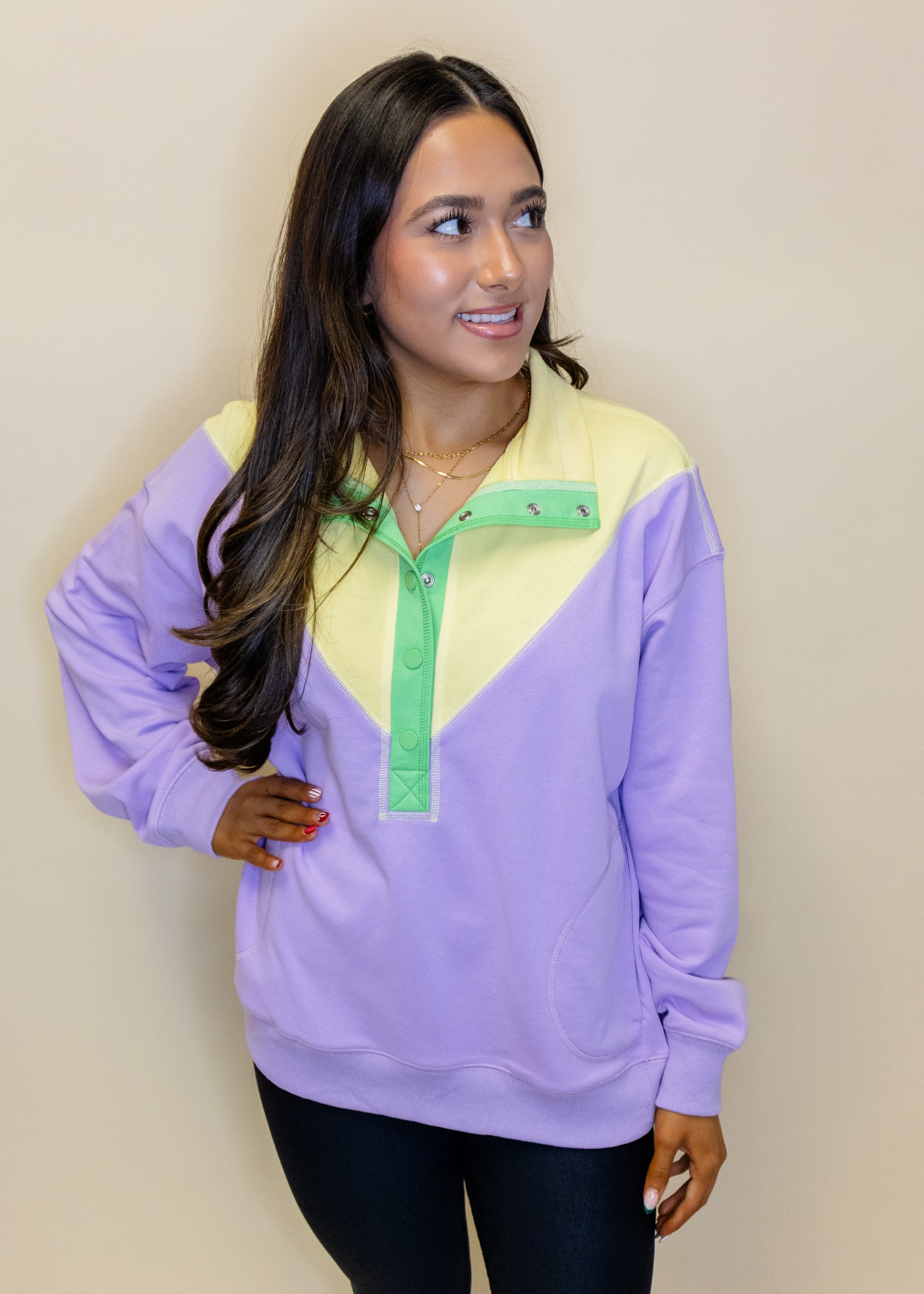 Purple Bold Color Block Button Up Pullover