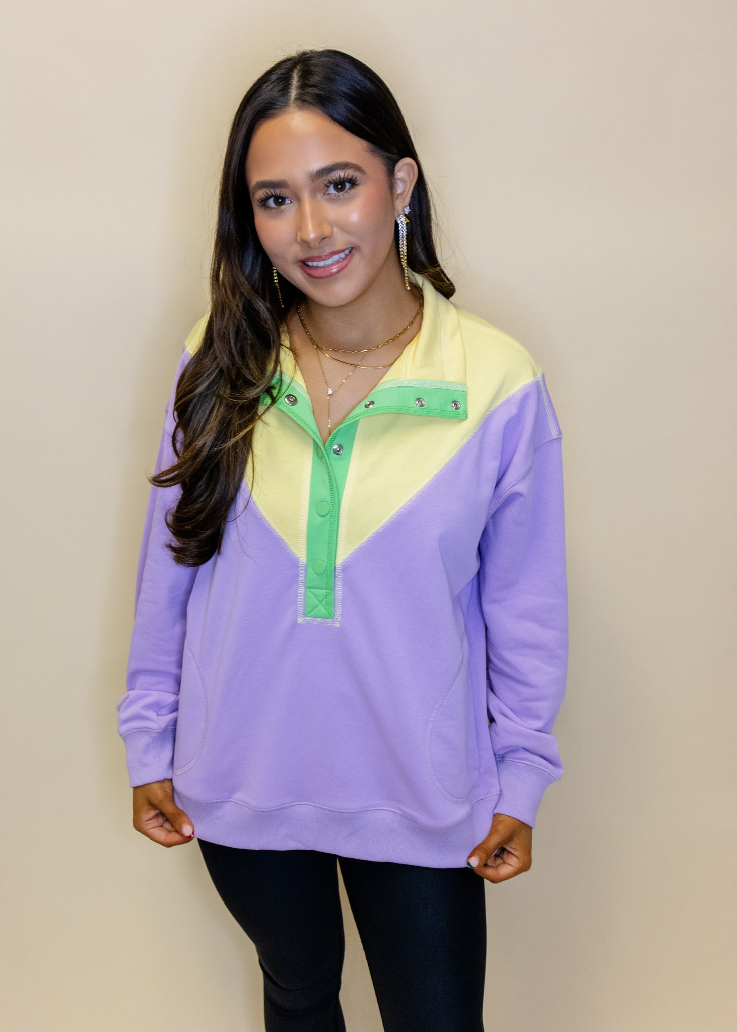Purple Bold Color Block Button Up Pullover