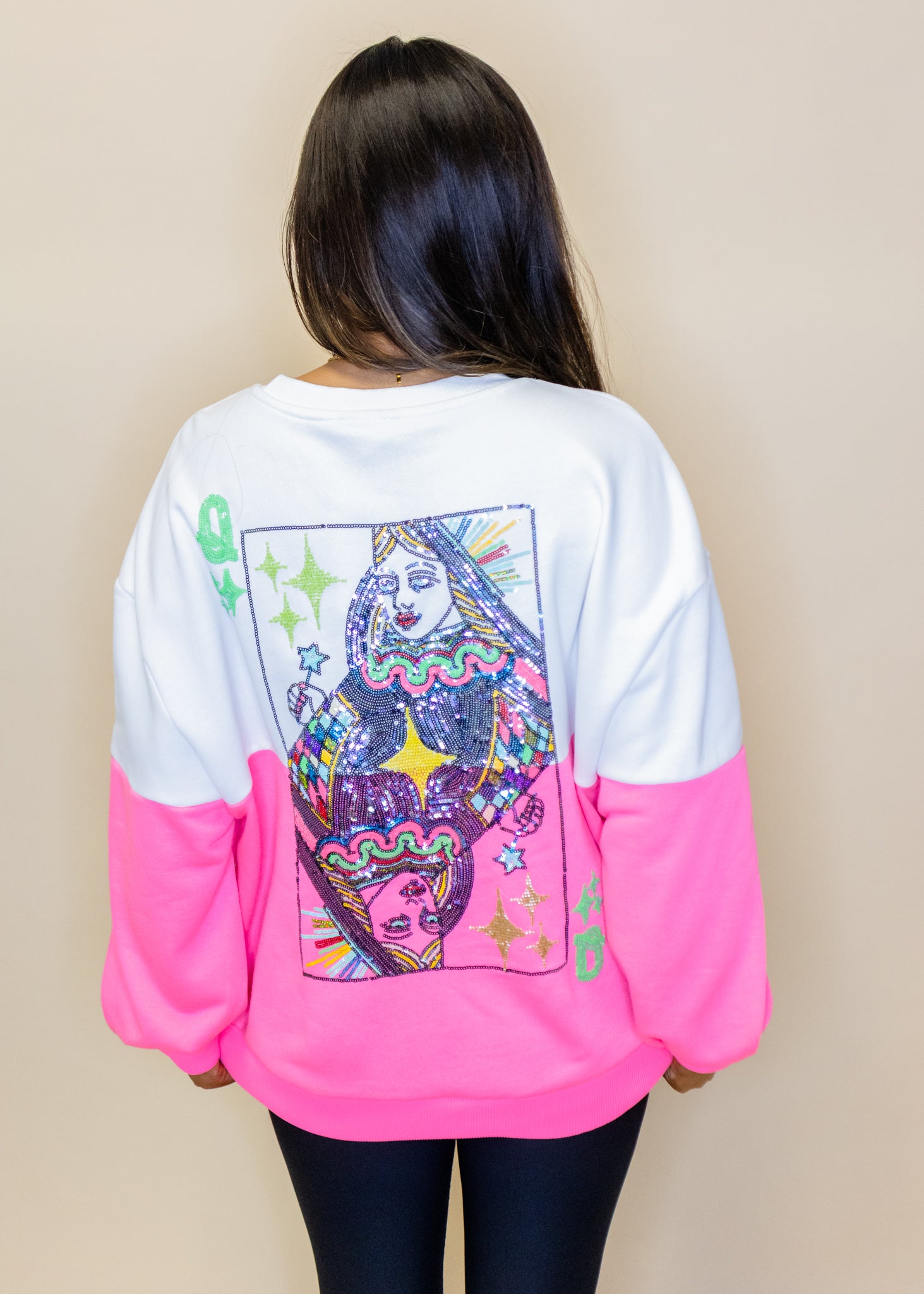 White & Neon Pink Colorblock QOS Logo Sweatshirt