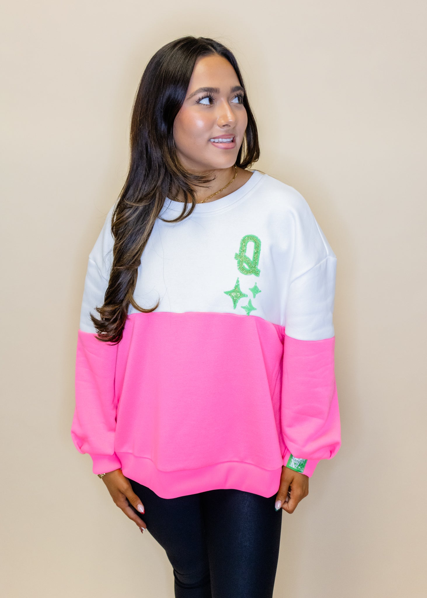 White & Neon Pink Colorblock QOS Logo Sweatshirt