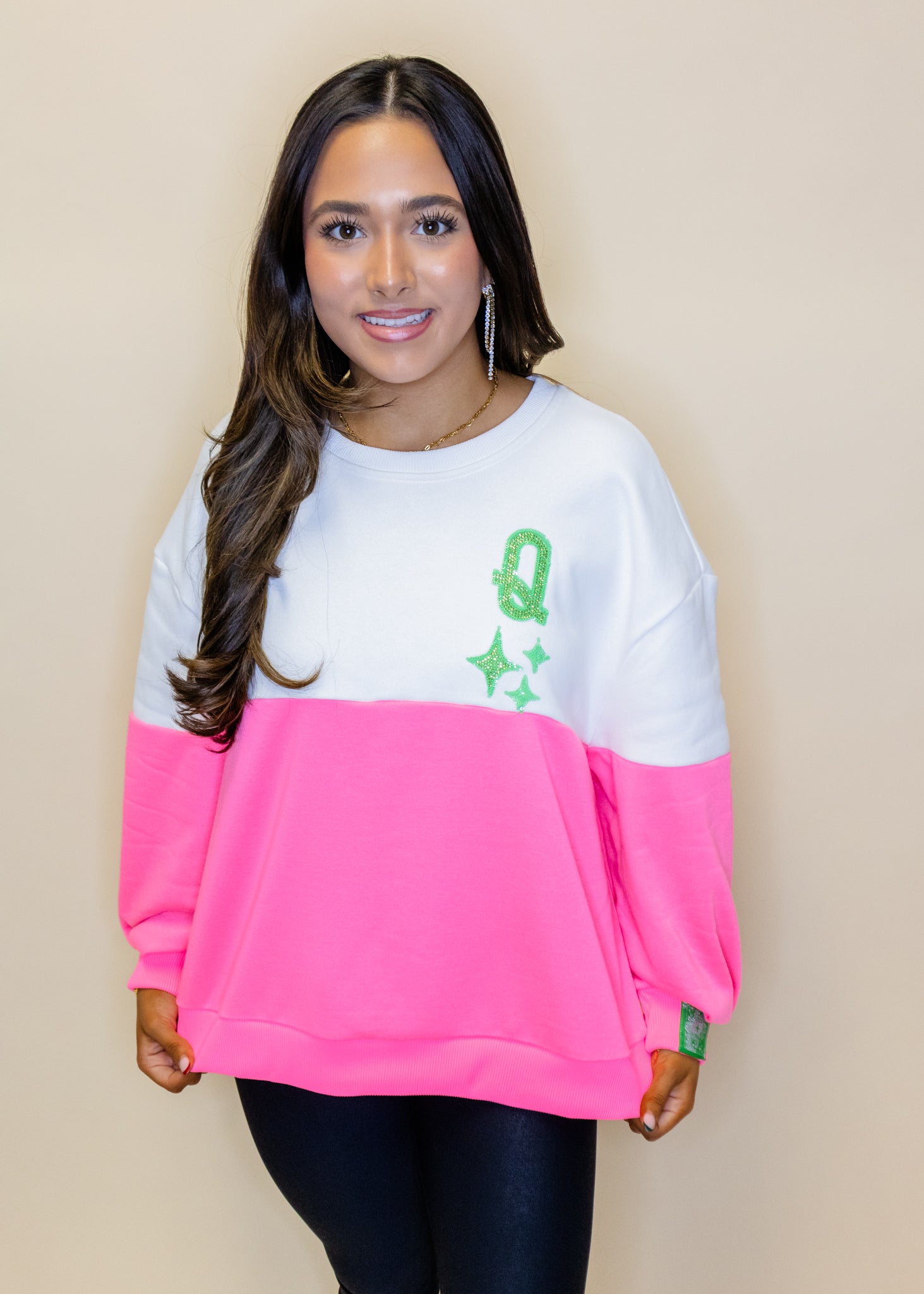 White & Neon Pink Colorblock QOS Logo Sweatshirt