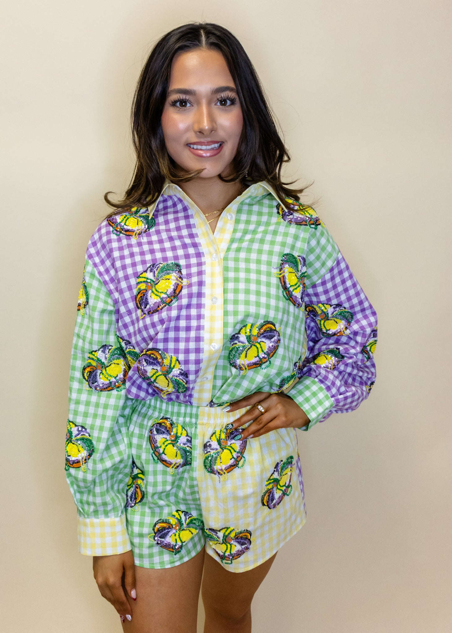 Colorblock Mardi Gras Gingham King Cake Button Up Top