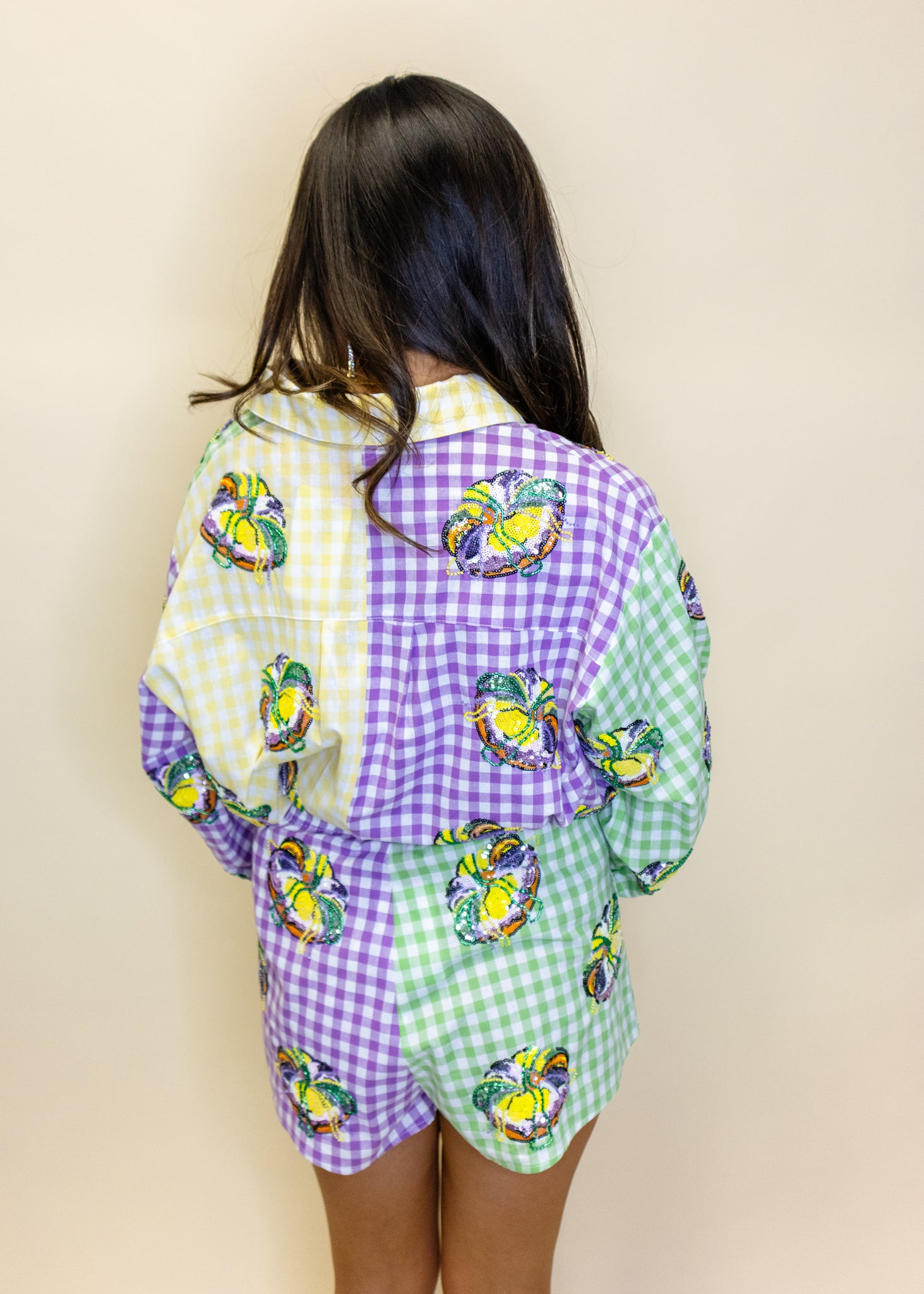Colorblock Mardi Gras Gingham King Cake Button Up Top