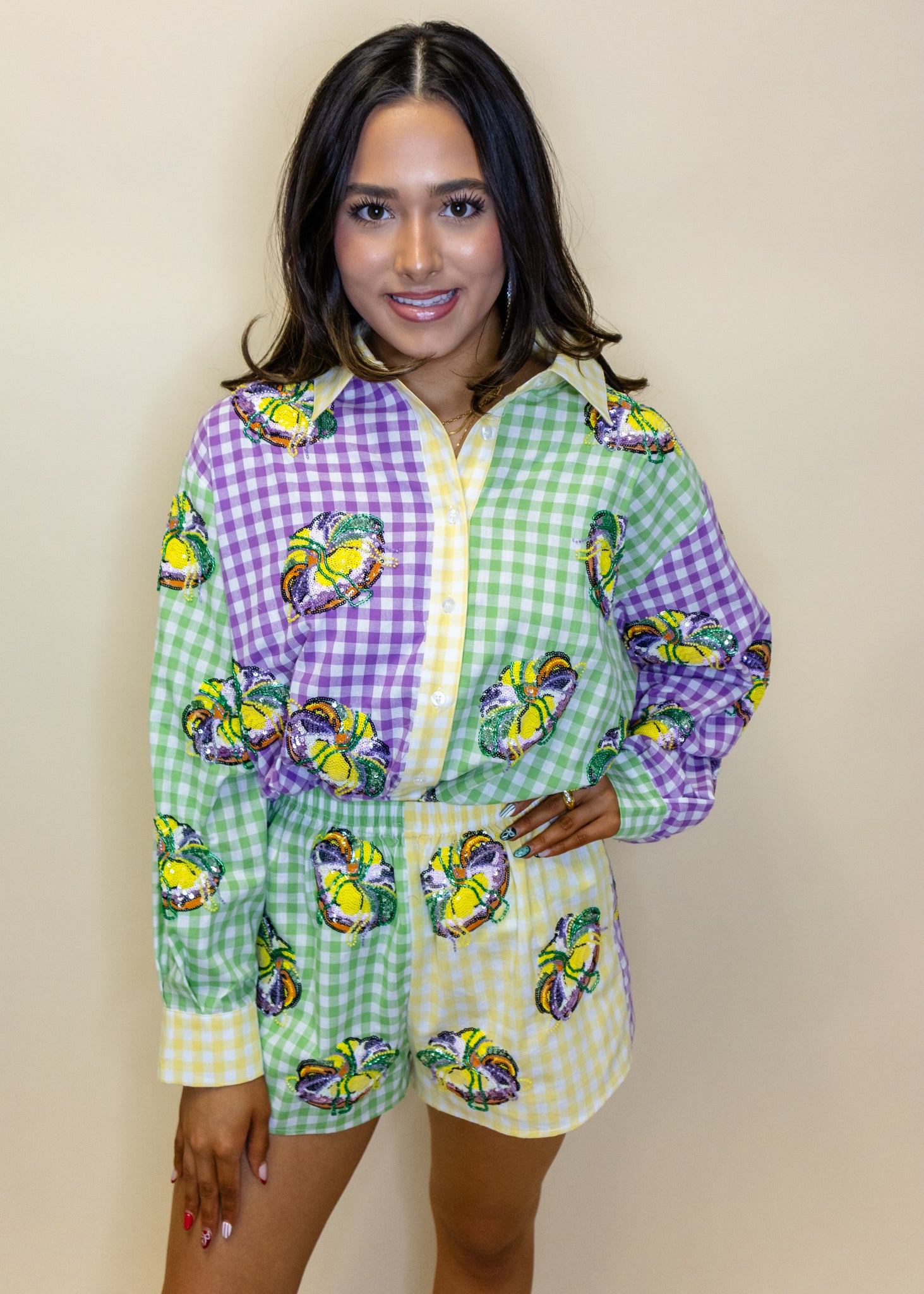 Colorblock Mardi Gras Gingham King Cake Button Up Top
