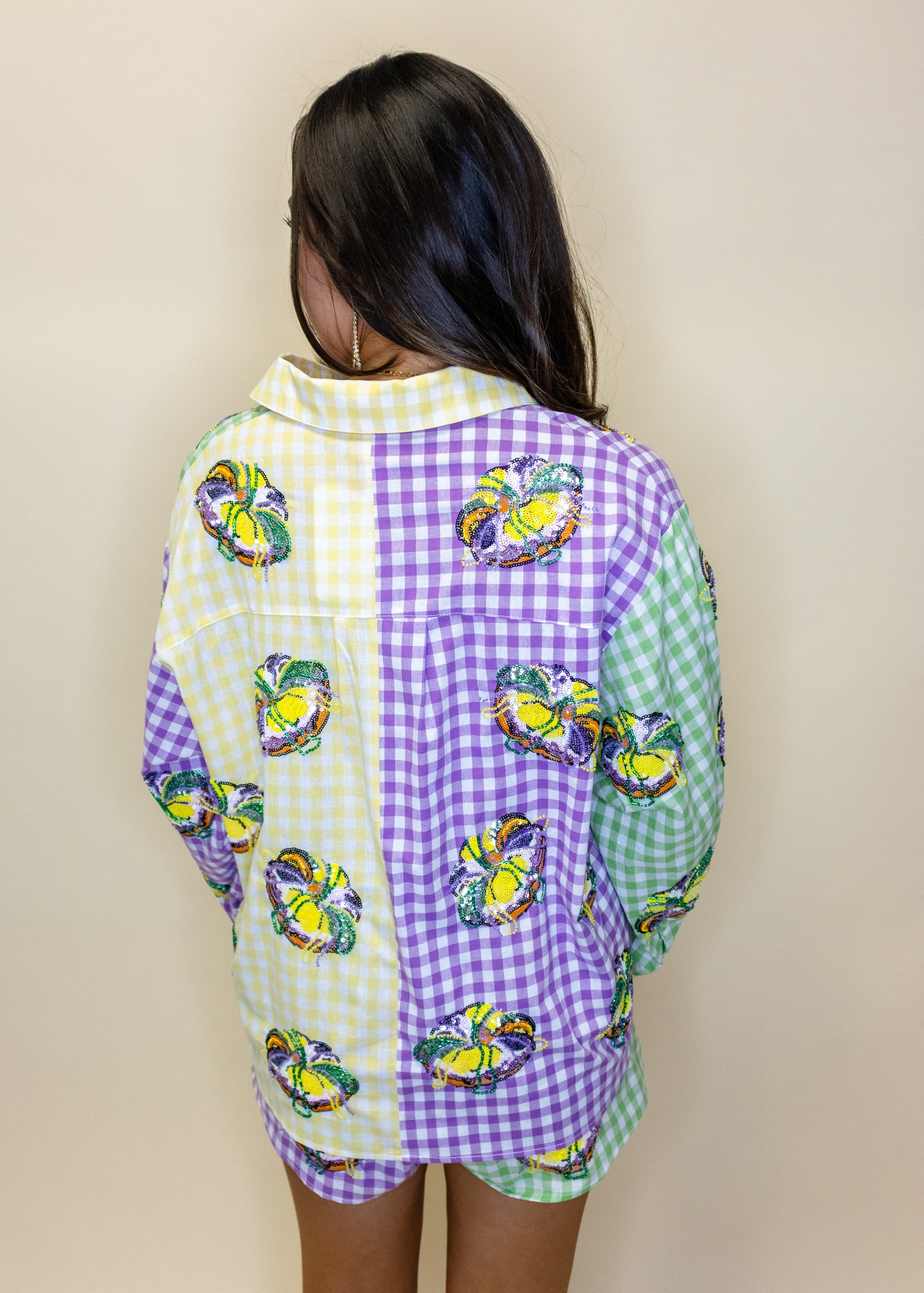 Colorblock Mardi Gras Gingham King Cake Button Up Top