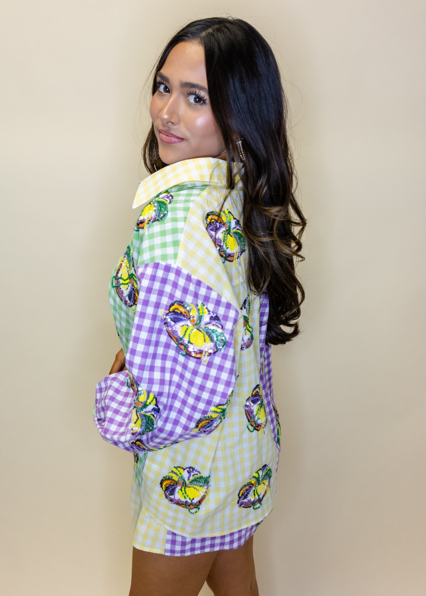 Colorblock Mardi Gras Gingham King Cake Button Up Top
