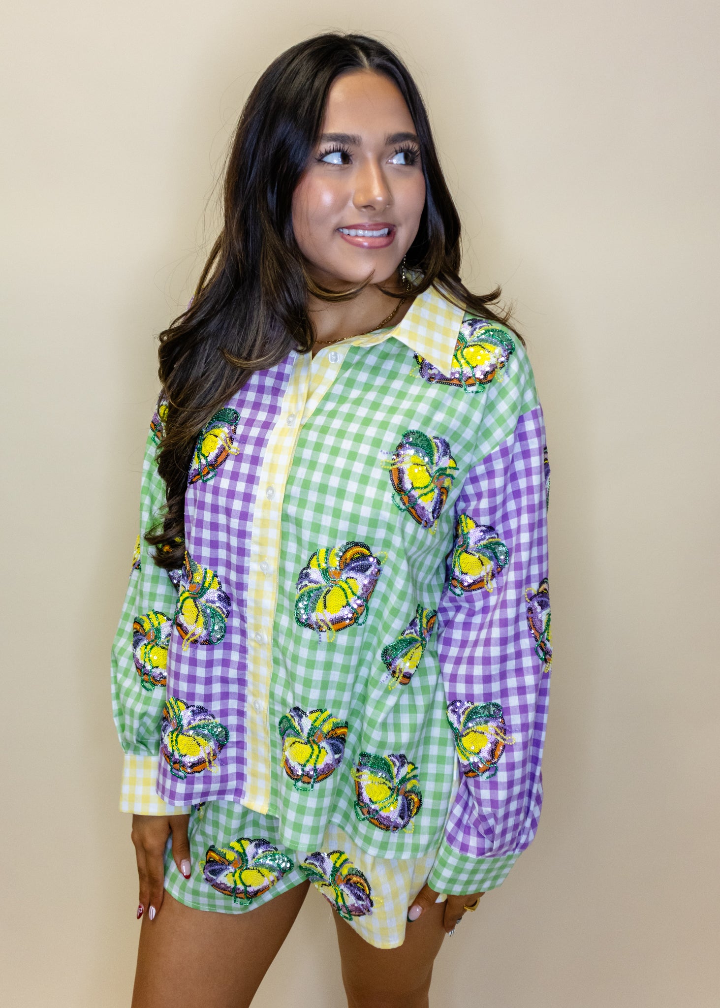Colorblock Mardi Gras Gingham King Cake Button Up Top