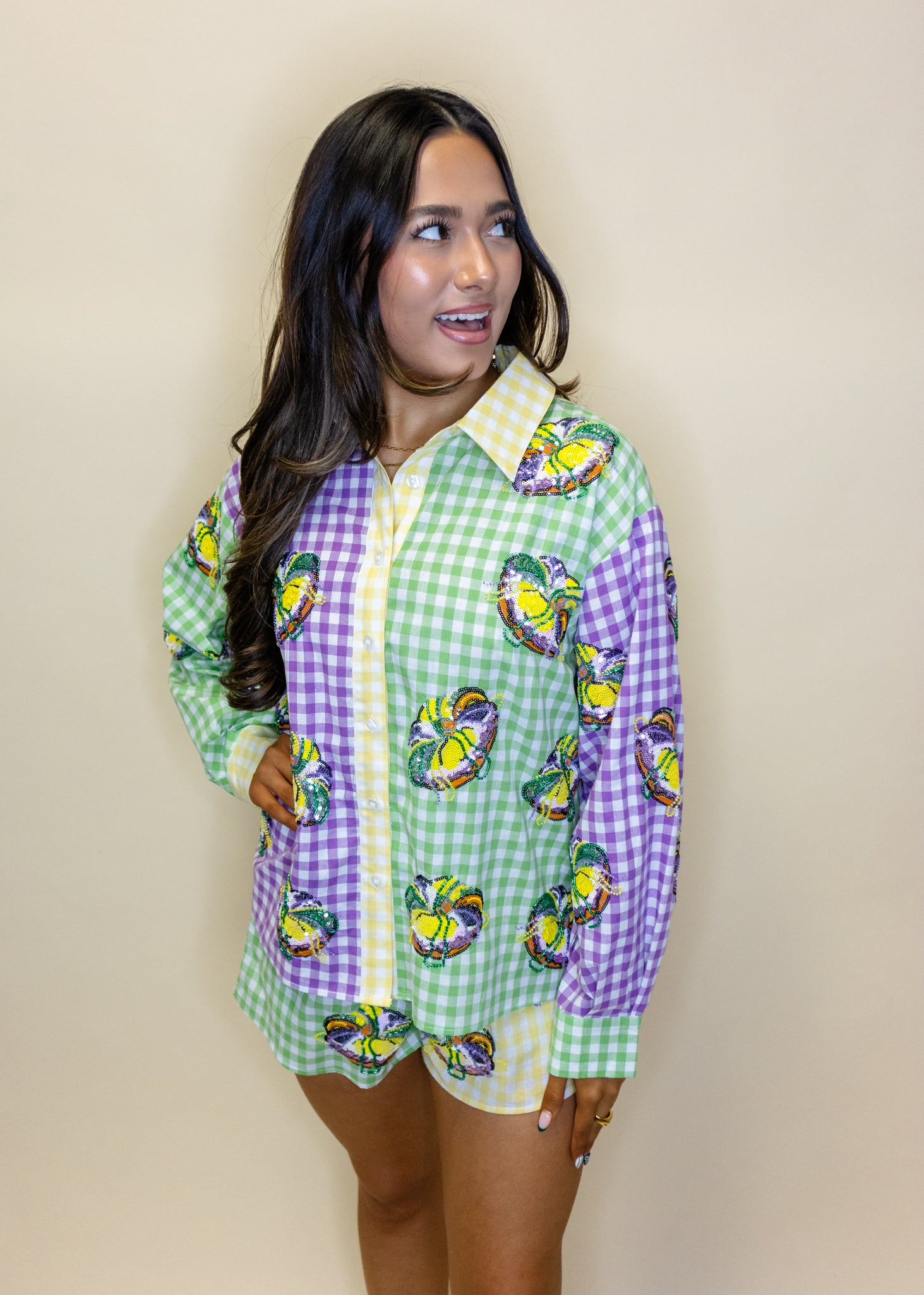 Colorblock Mardi Gras Gingham King Cake Button Up Top