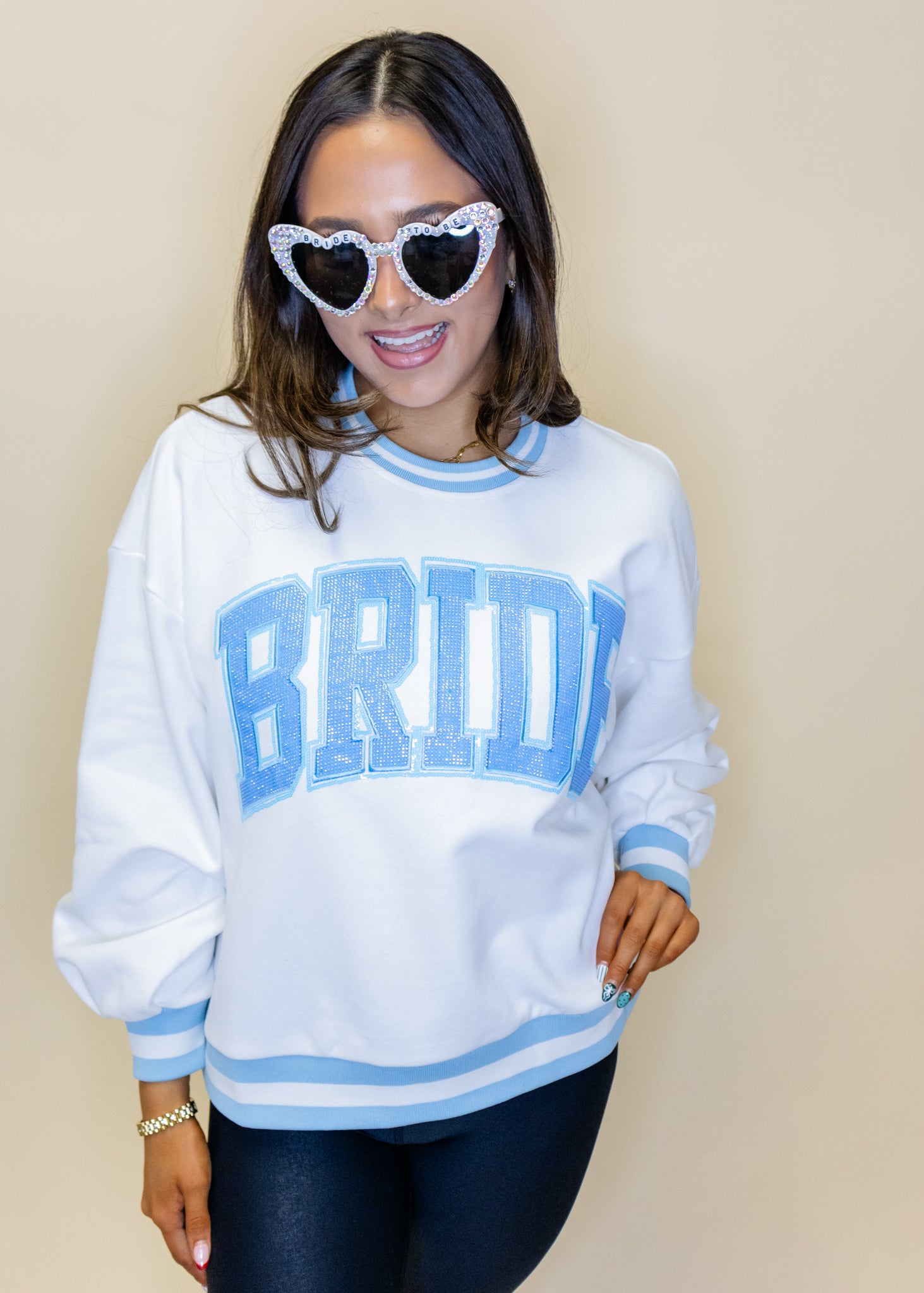 White & Blue Rhinestone 'Bride' Sweatshirt