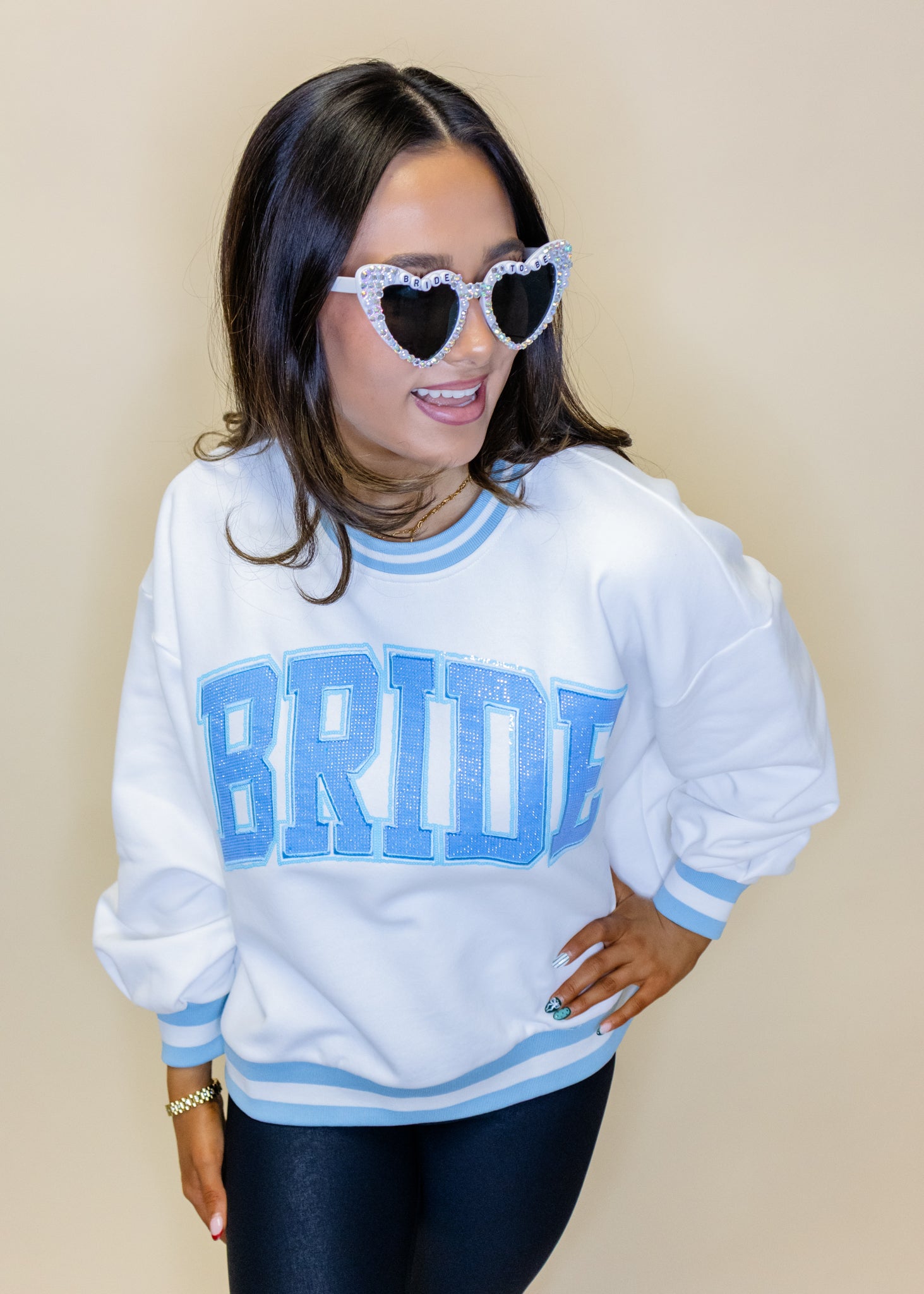 White & Blue Rhinestone 'Bride' Sweatshirt