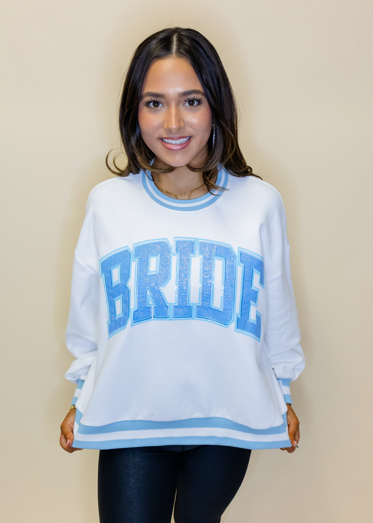 White & Blue Rhinestone 'Bride' Sweatshirt