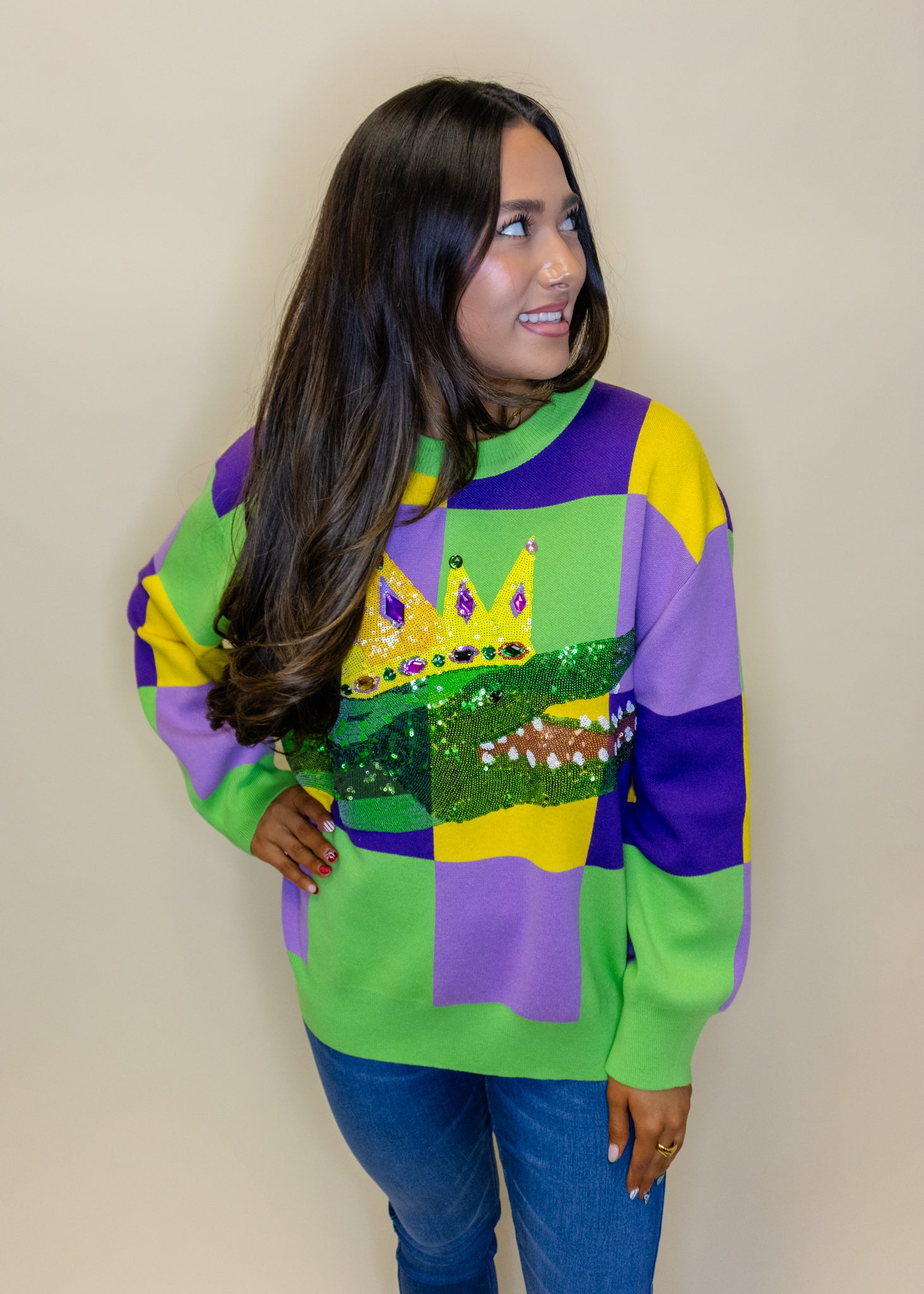 Mardi Gras Checkered Alligator Queen Sweater