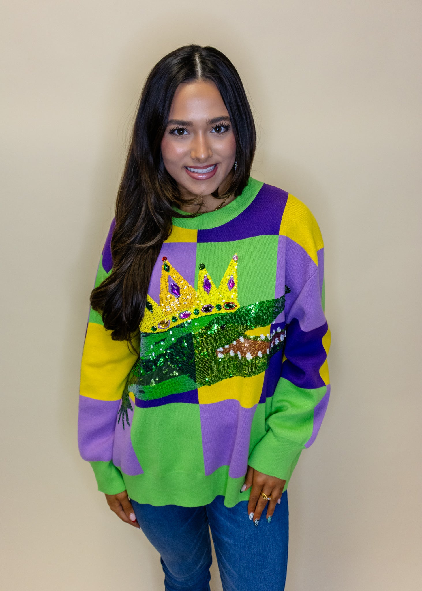Mardi Gras Checkered Alligator Queen Sweater
