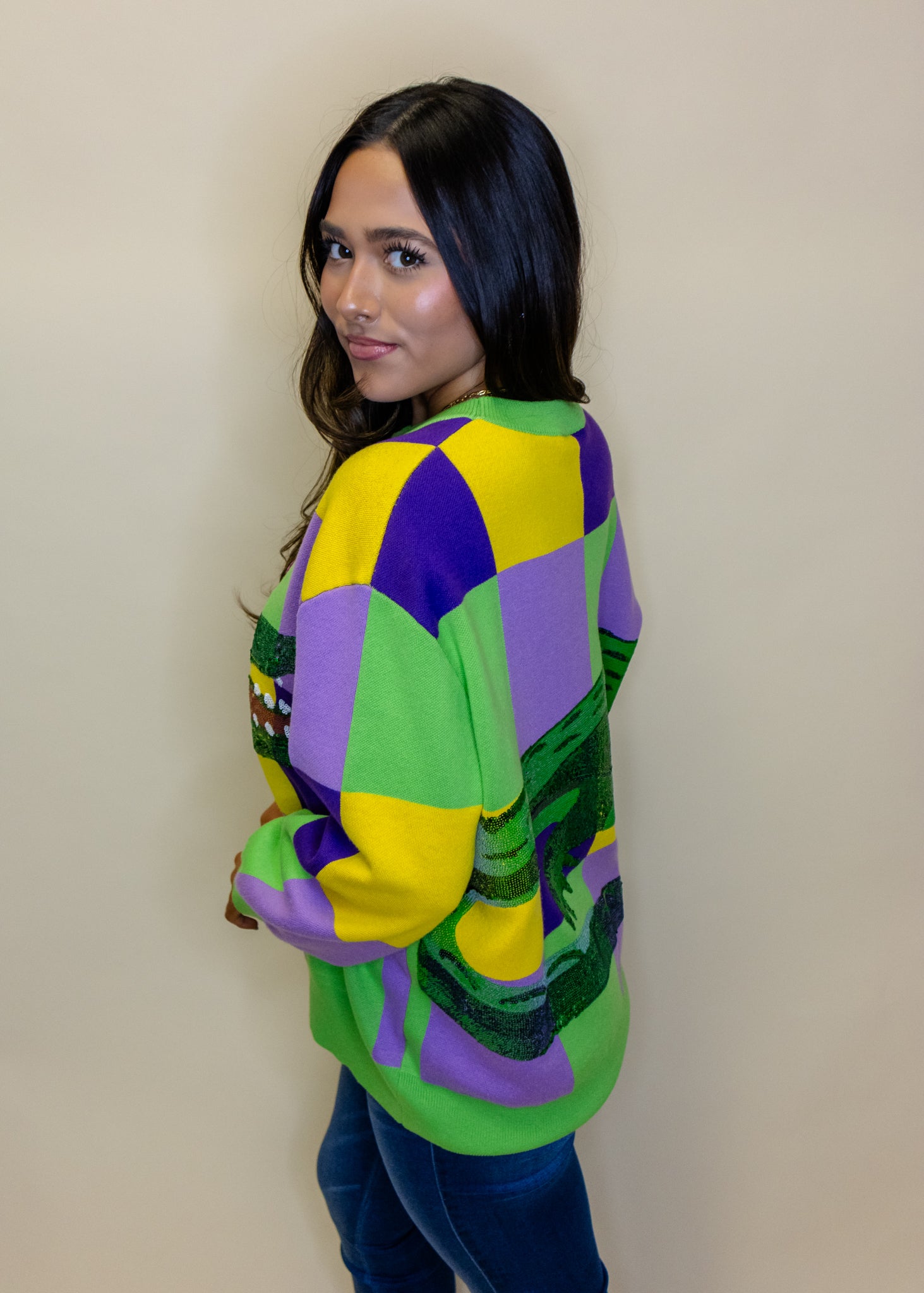 Mardi Gras Checkered Alligator Queen Sweater