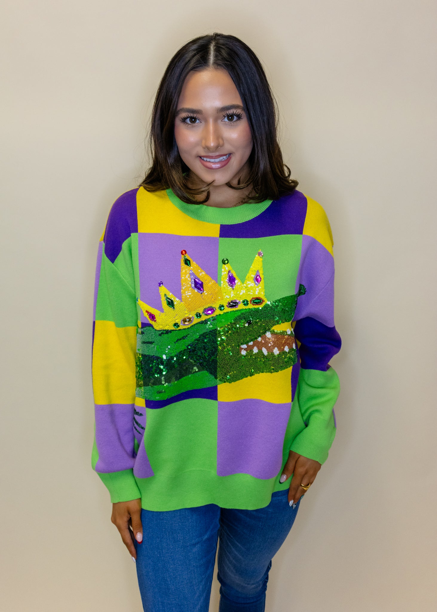 Mardi Gras Checkered Alligator Queen Sweater