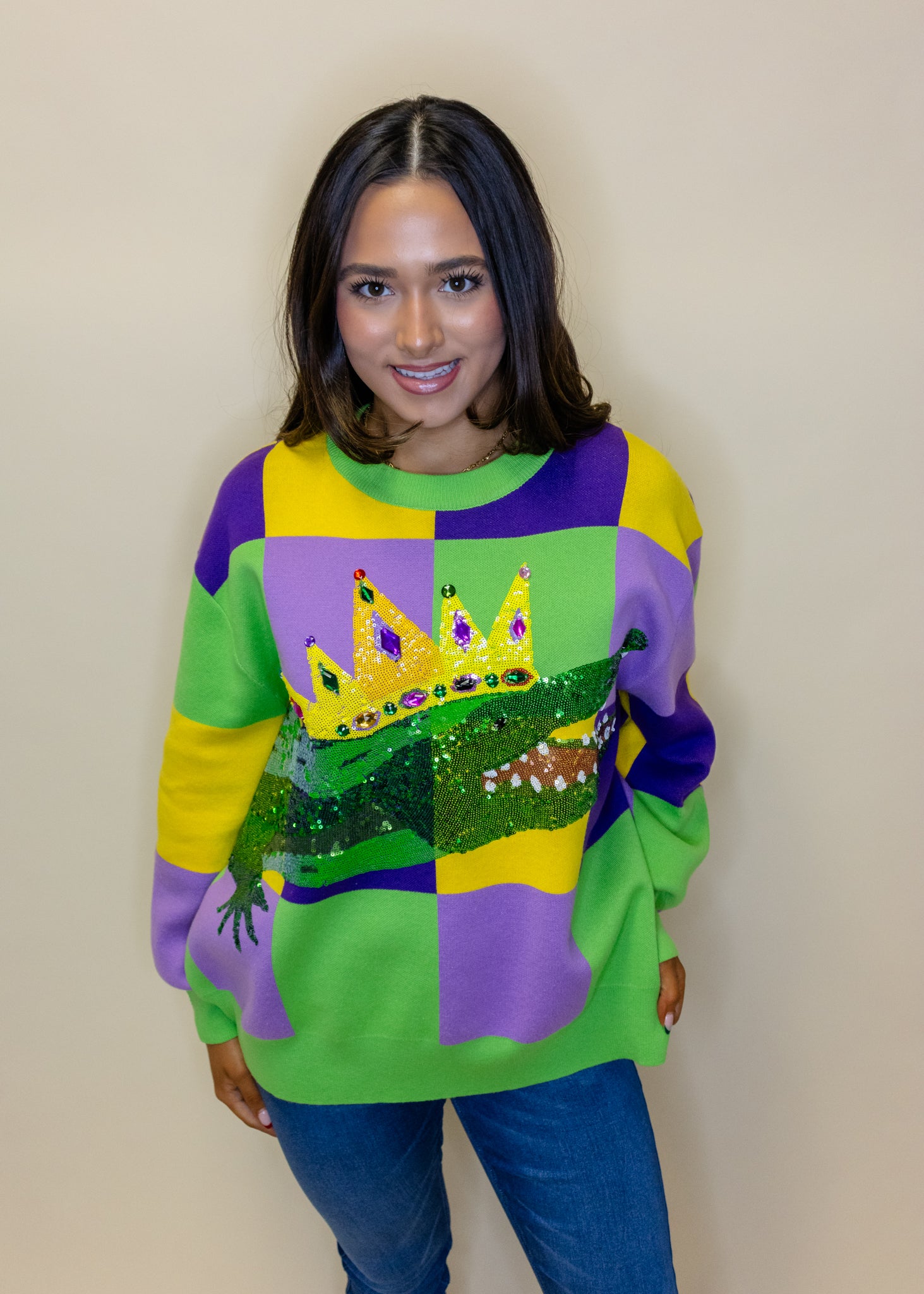 Mardi Gras Checkered Alligator Queen Sweater