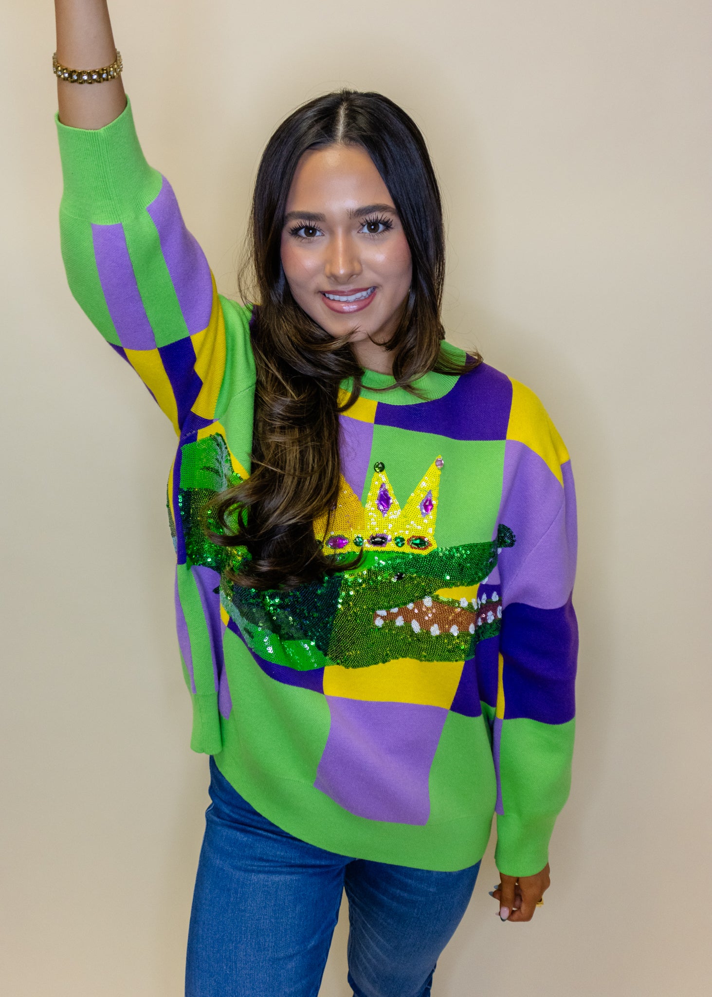 Mardi Gras Checkered Alligator Queen Sweater