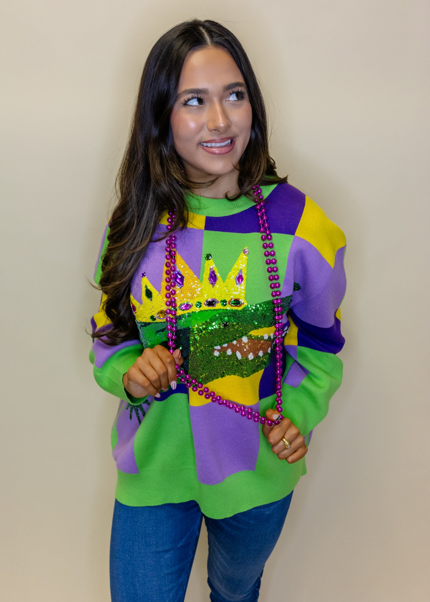 Mardi Gras Checkered Alligator Queen Sweater