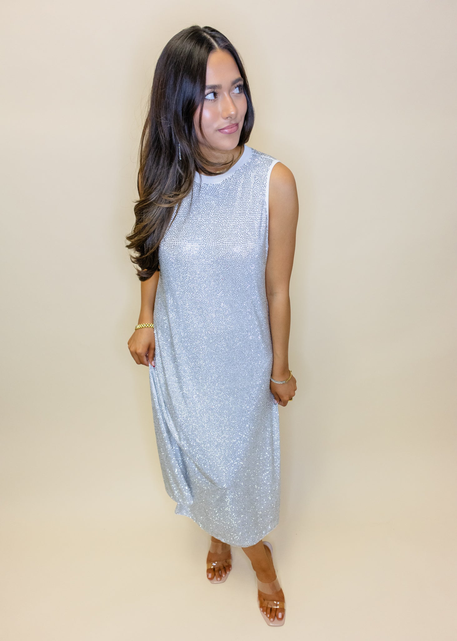 White Full Rhinestone Midi Active Dress