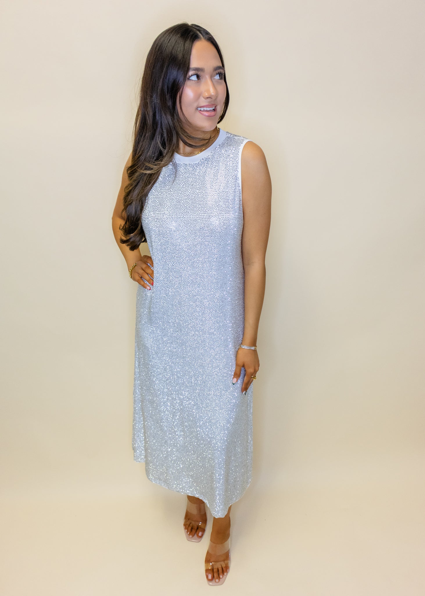 White Full Rhinestone Midi Active Dress