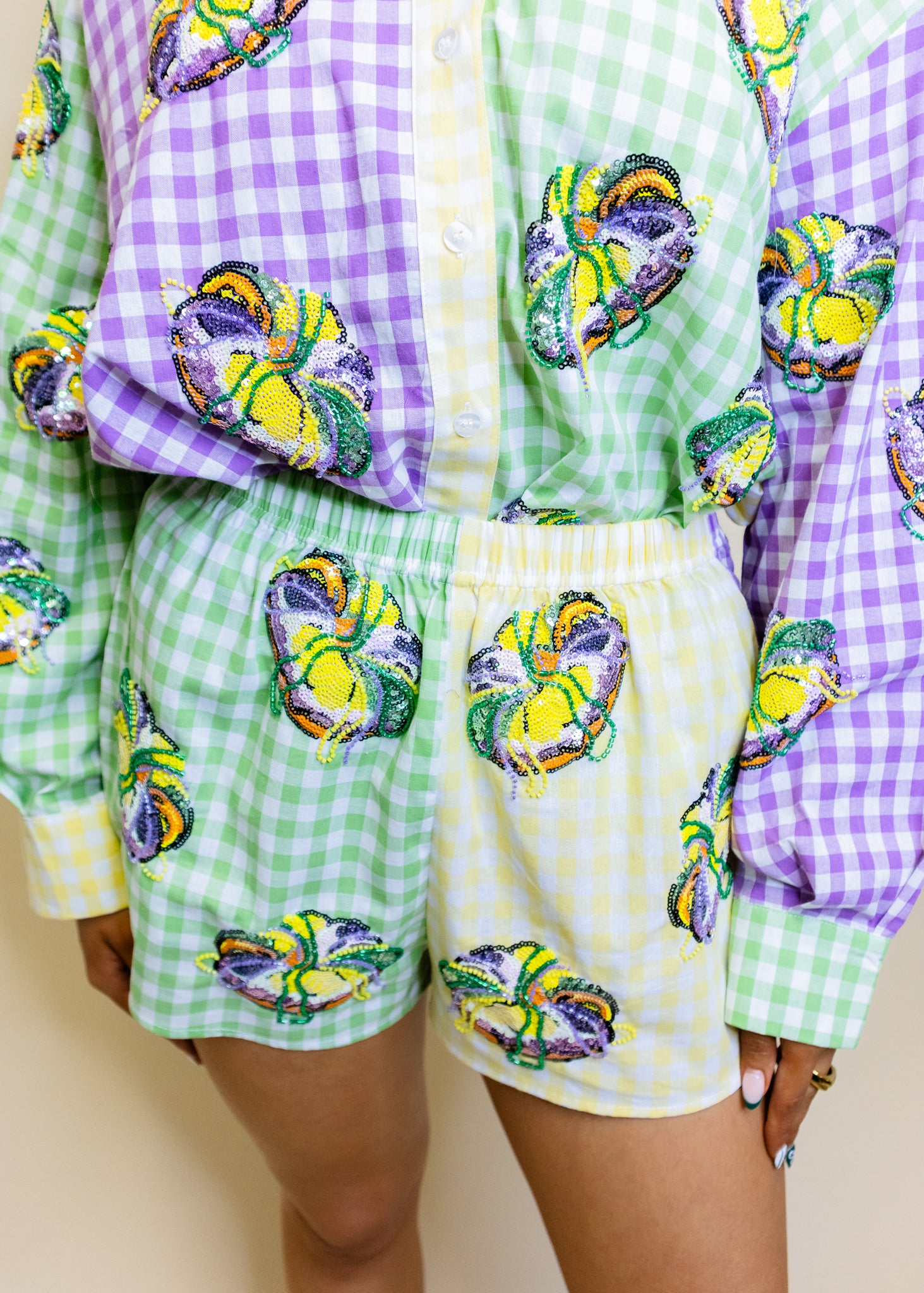 Colorblock Mardi Gras Gingham King Cake Short
