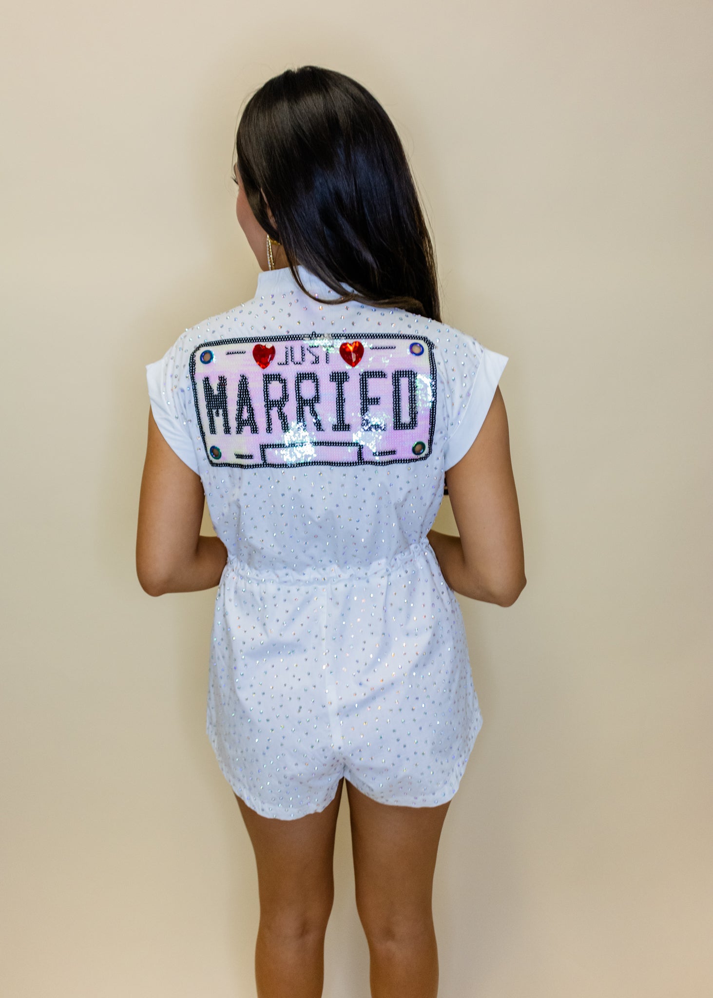 White Rhinestone 'Just Married' Romper