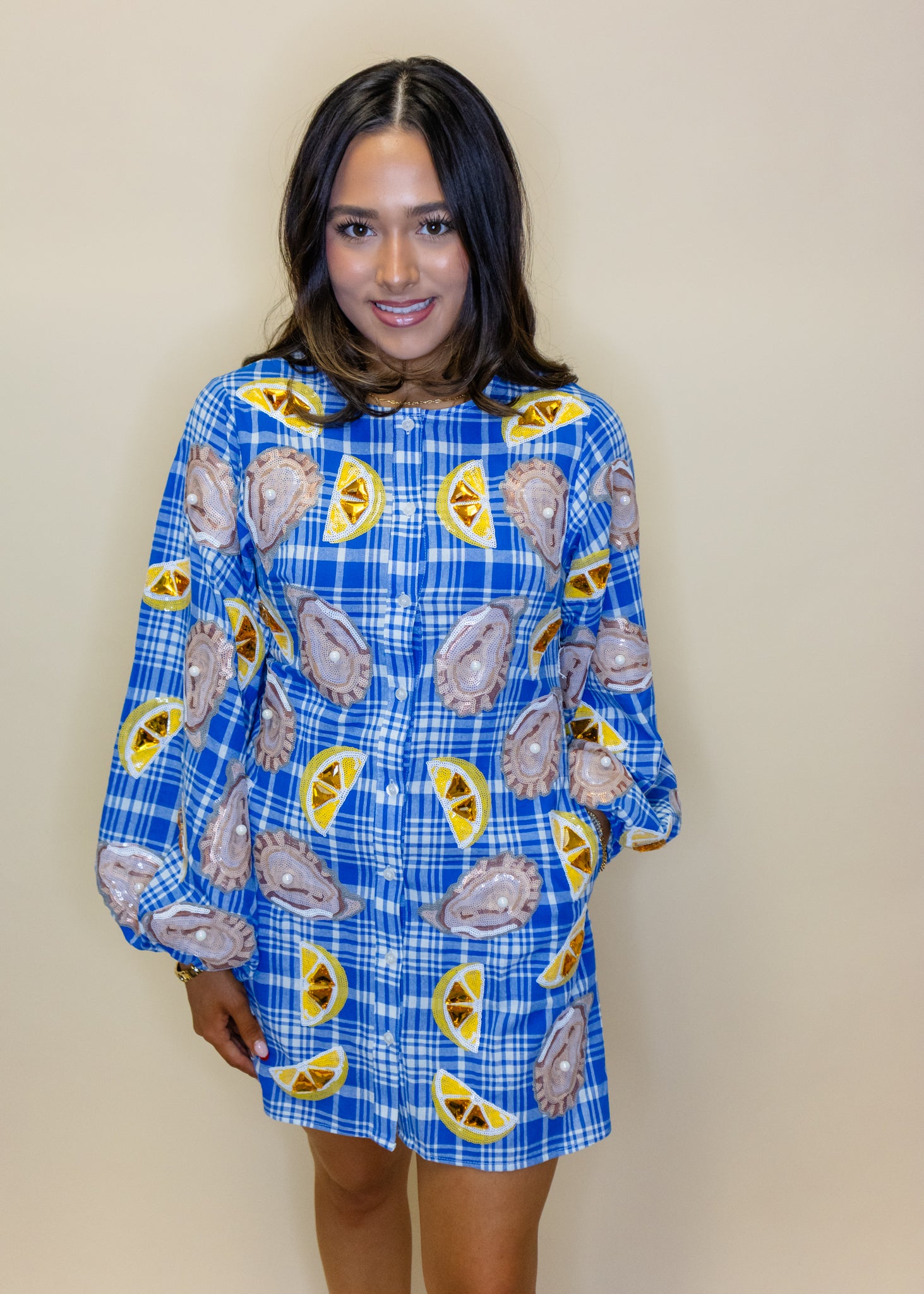 Blue & White Plaid Oysters & Lemons Button Up Dress