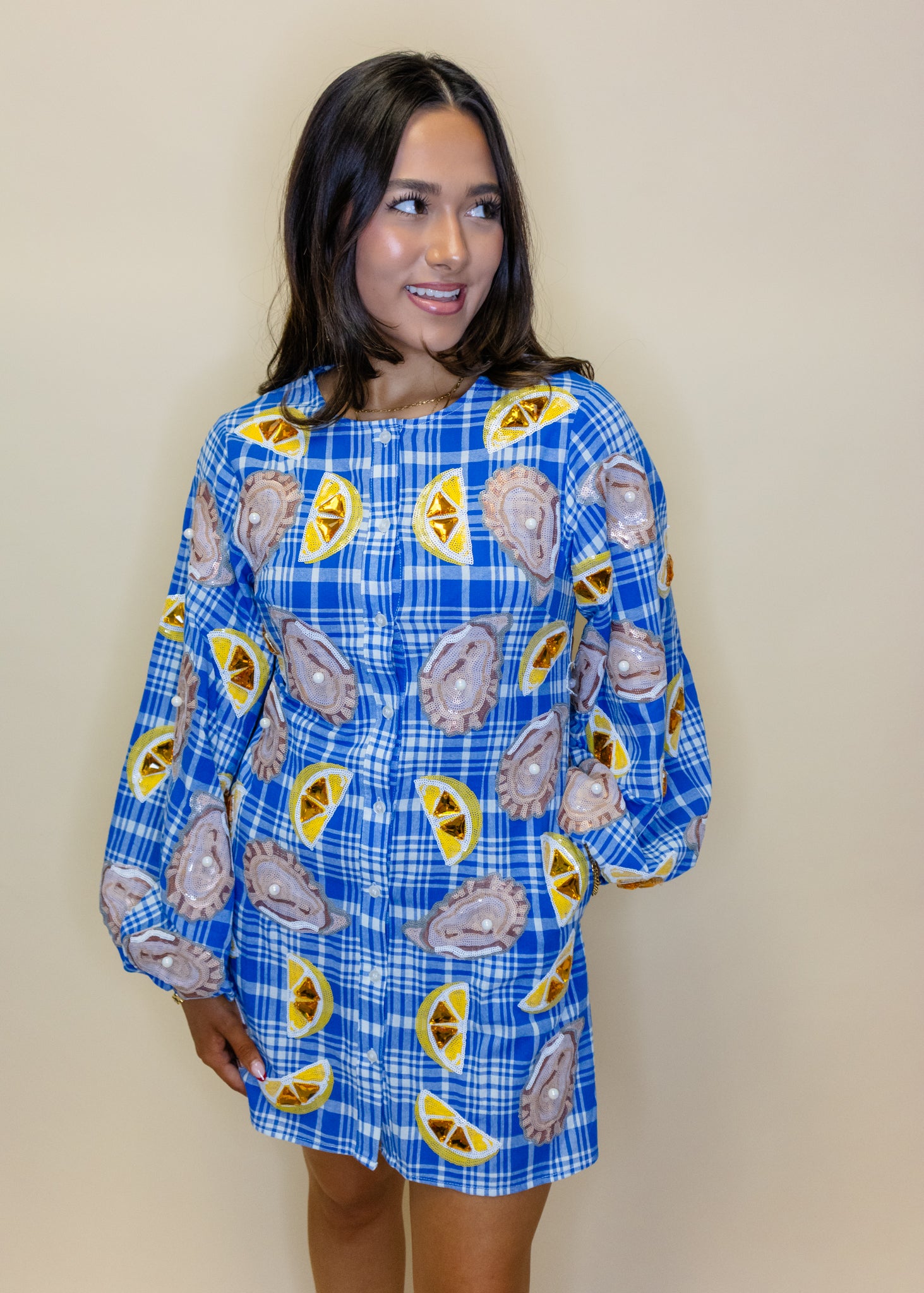 Blue & White Plaid Oysters & Lemons Button Up Dress