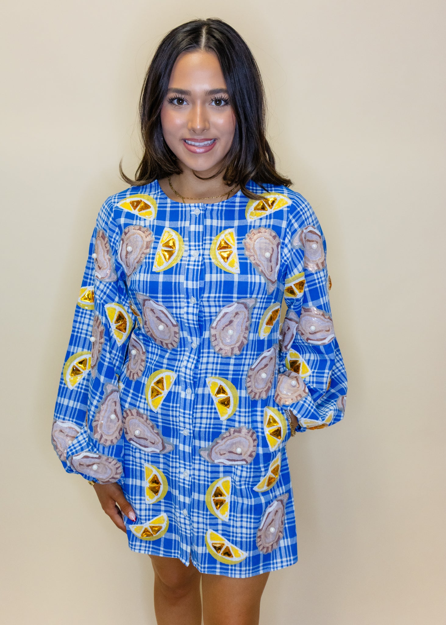 Blue & White Plaid Oysters & Lemons Button Up Dress