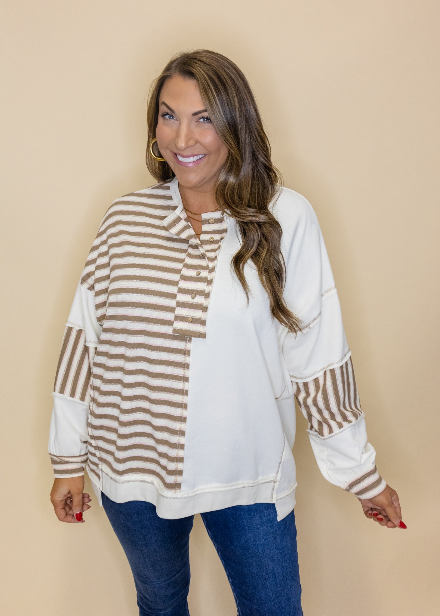 Taupe Stripe Color Block Sweatshirt