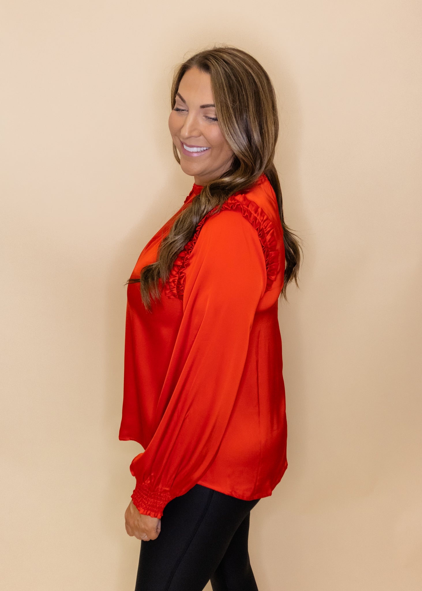 Red Satin Ruffle Detail Top