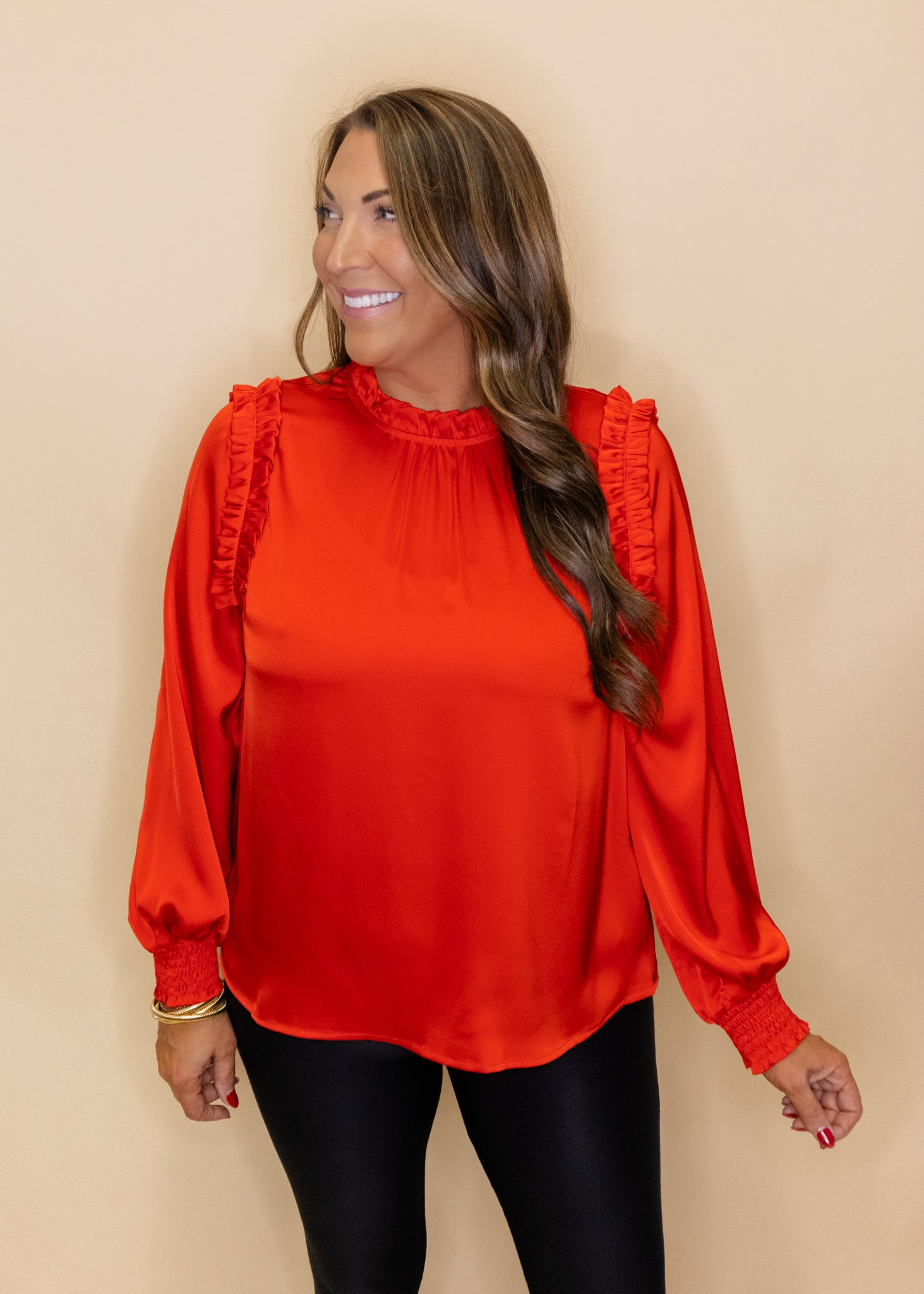 Red Satin Ruffle Detail Top