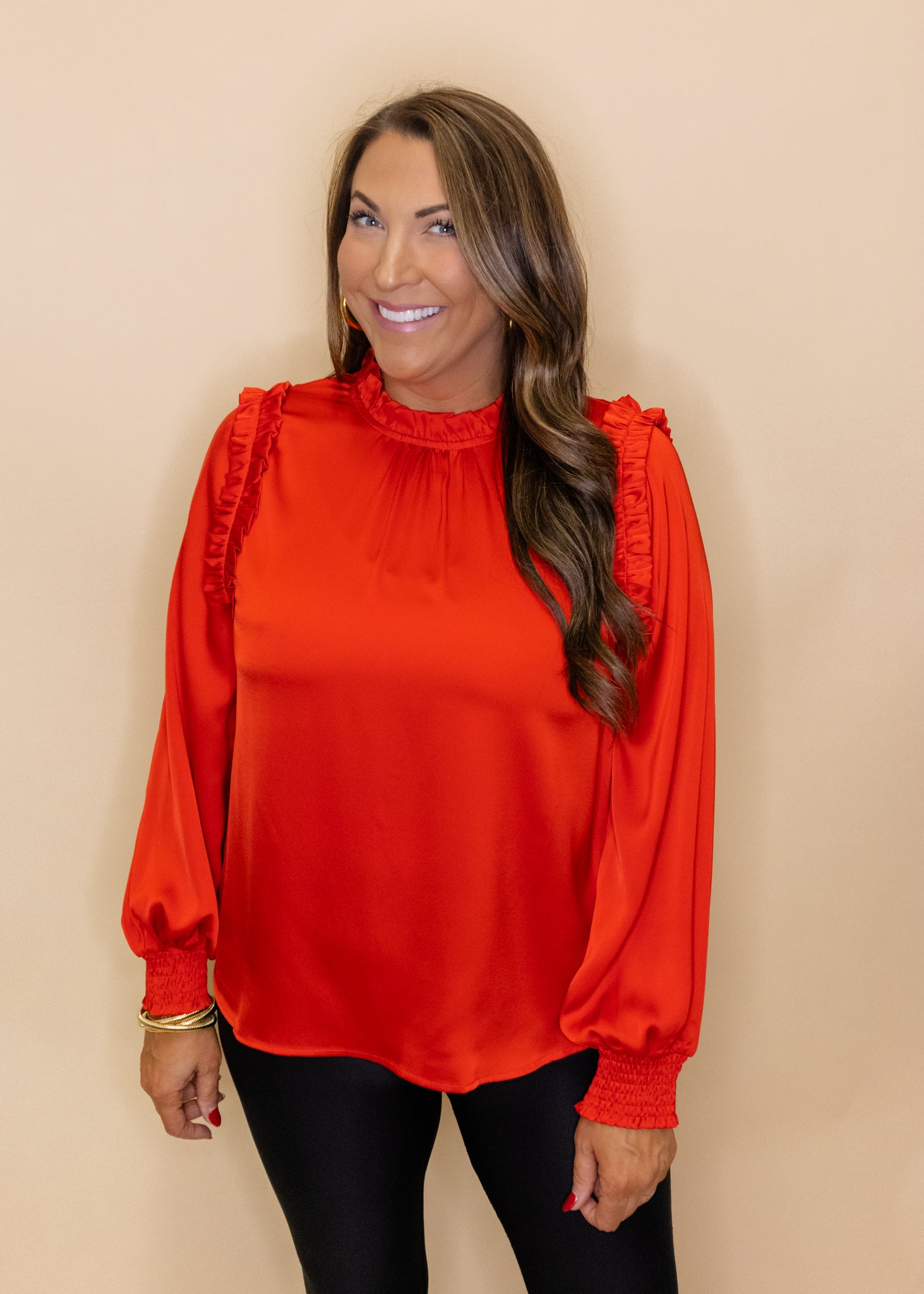 Red Satin Ruffle Detail Top