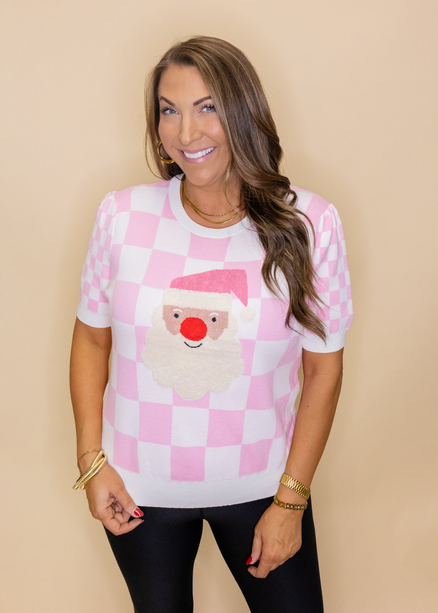 White & Pink Check Santa Sweater