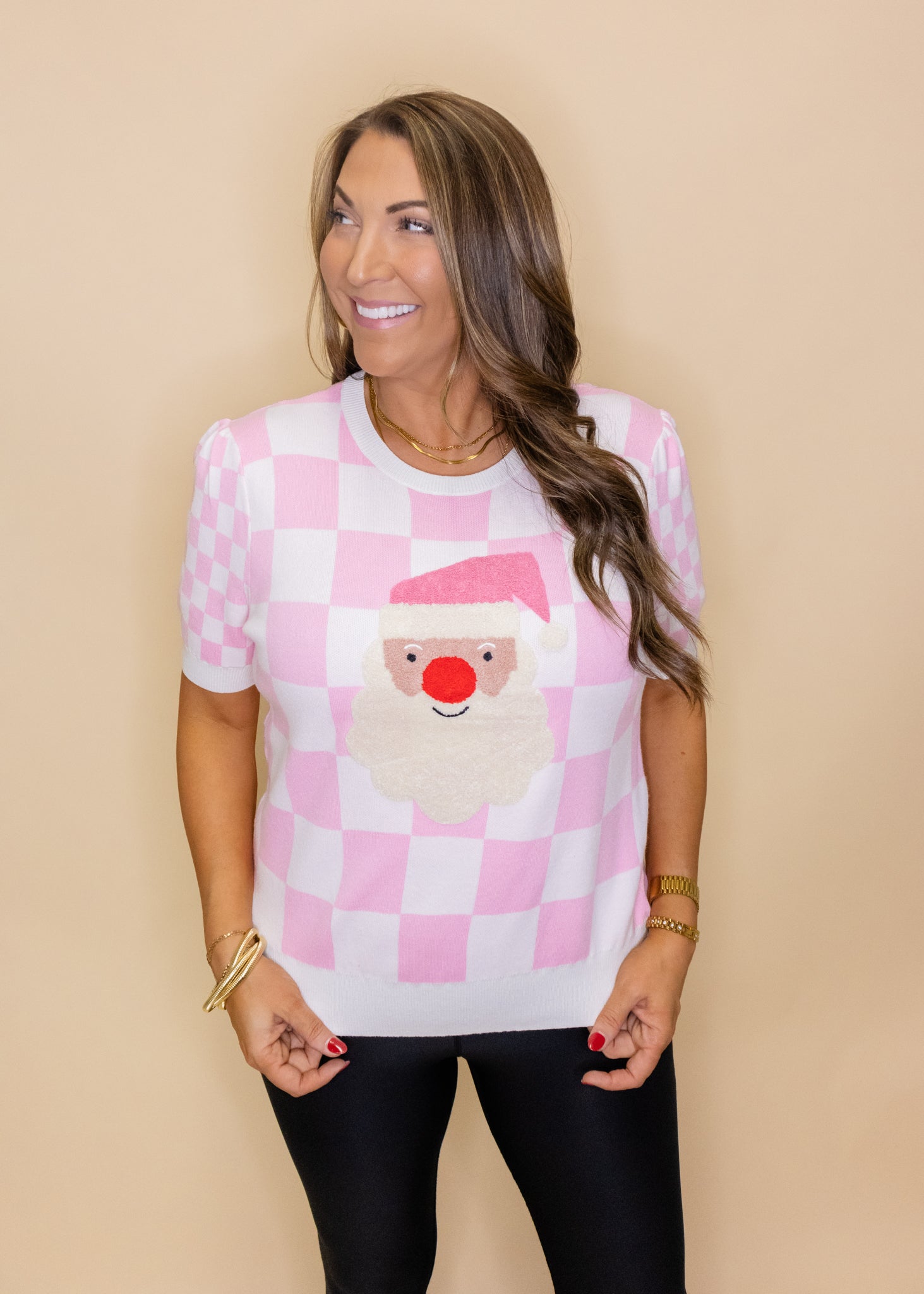 White & Pink Check Santa Sweater