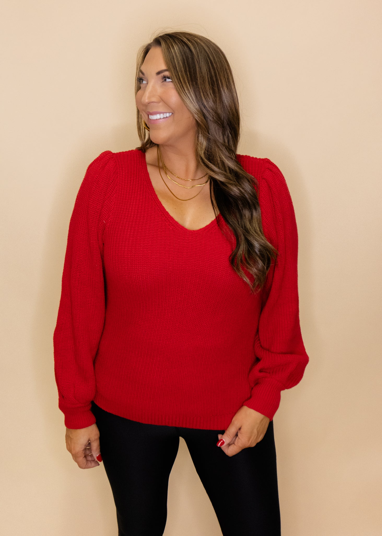 Red V-Neck Long Sleeve Sweater