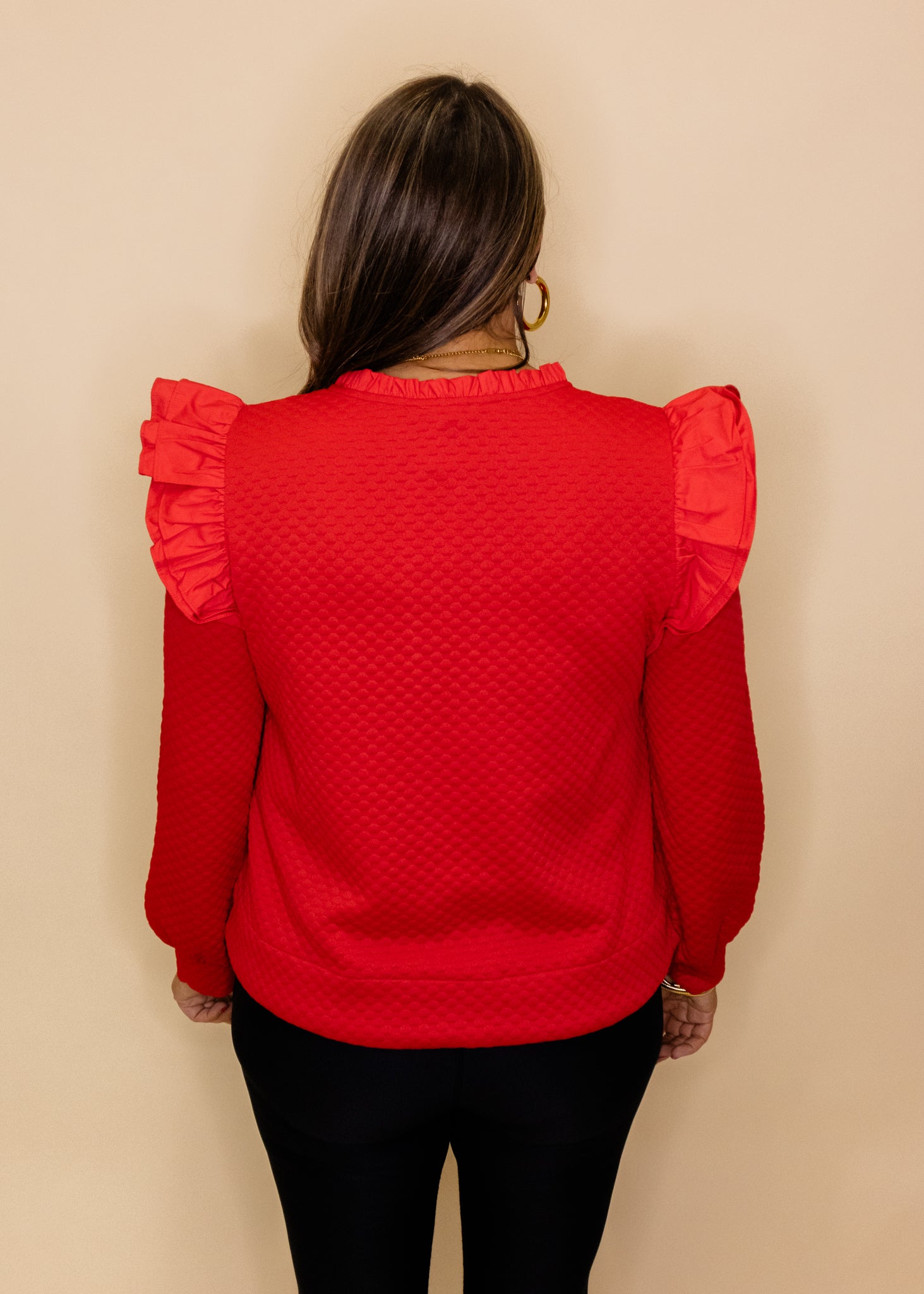 Red Textured Frill Sleeve Top