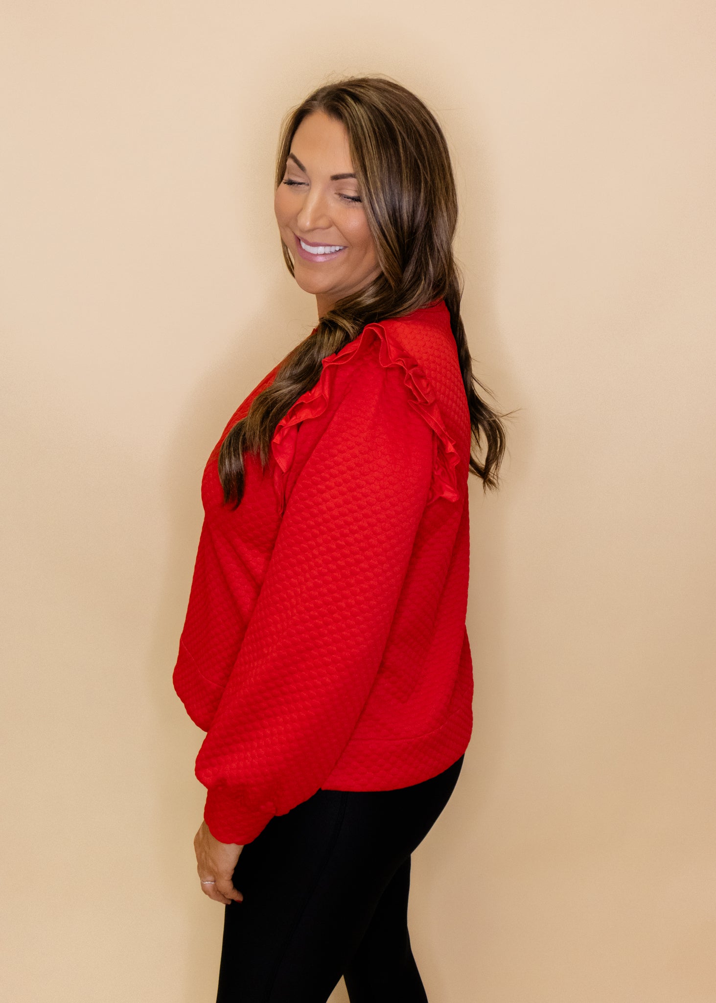 Red Textured Frill Sleeve Top