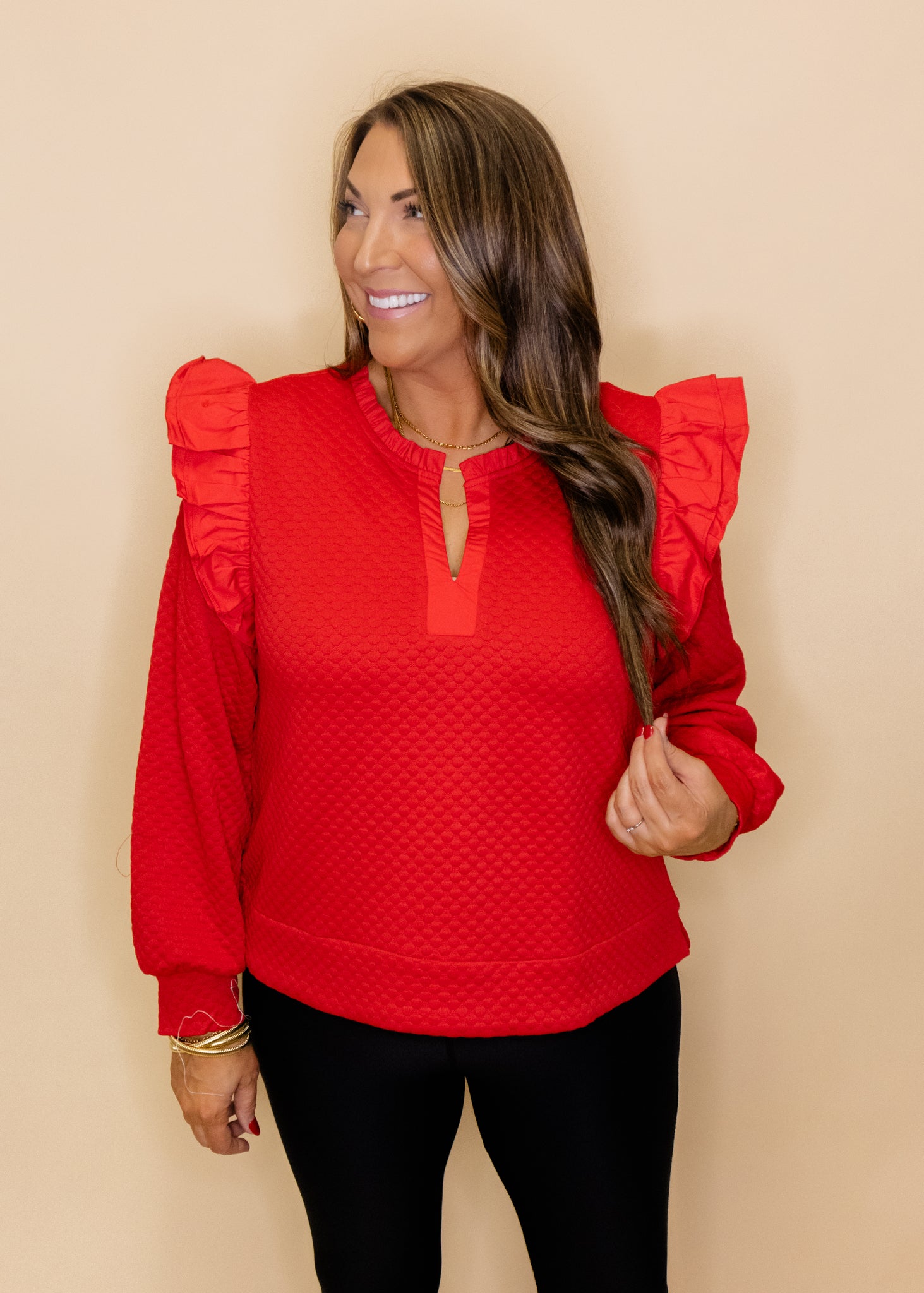 Red Textured Frill Sleeve Top