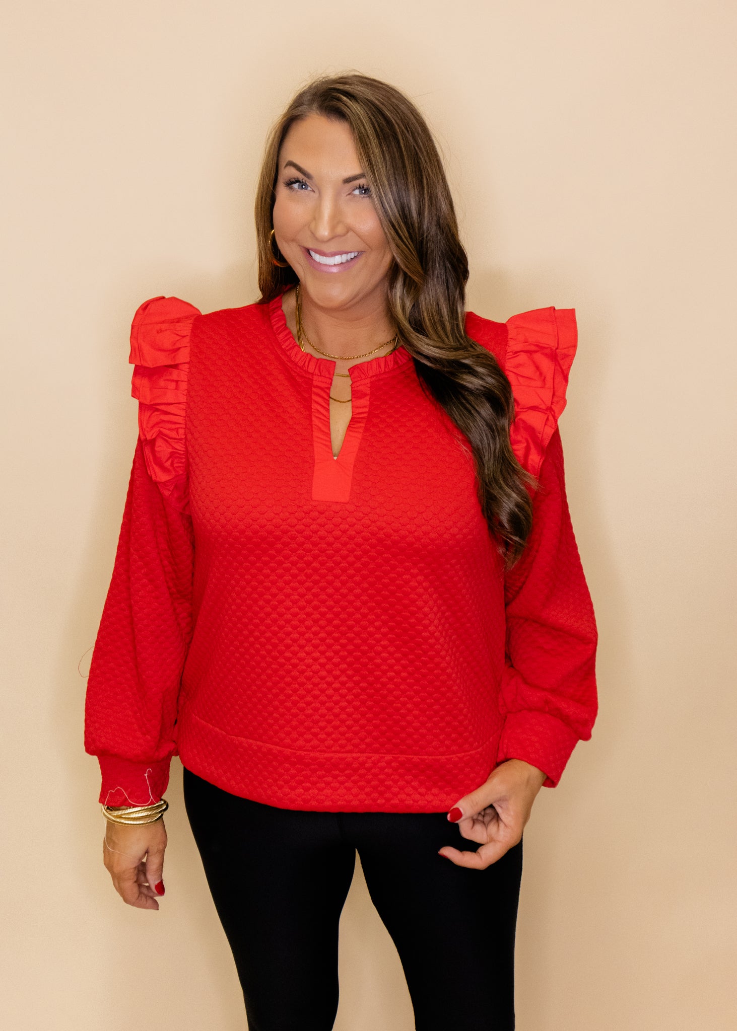 Red Textured Frill Sleeve Top