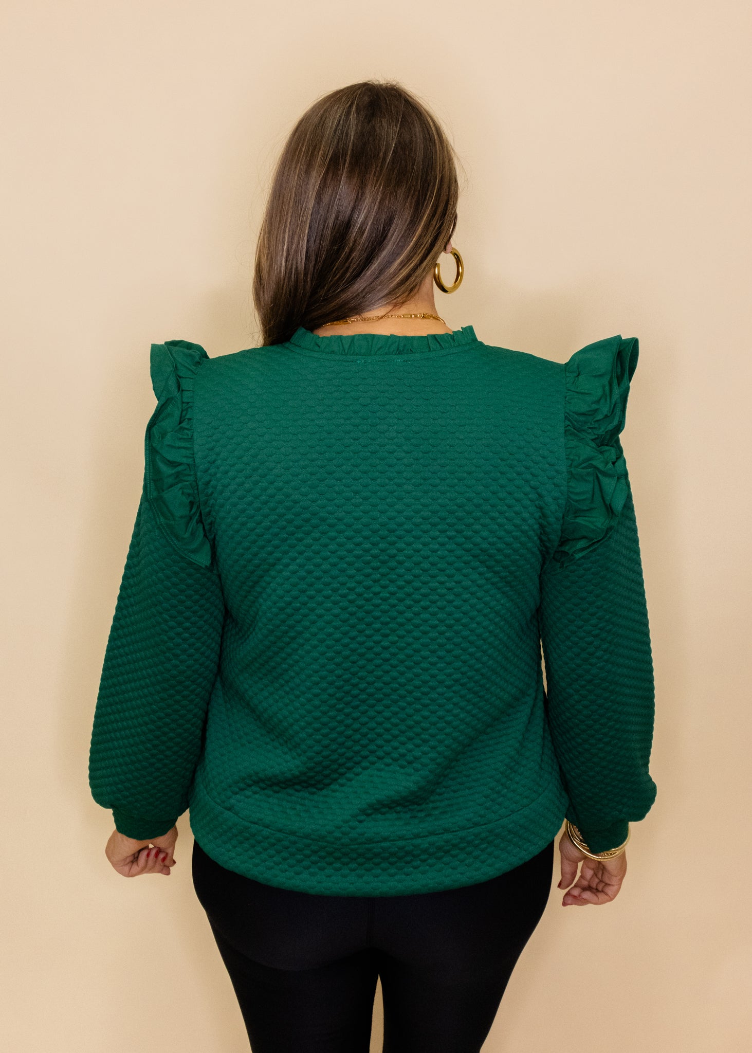 Hunter Green Textured Frill Sleeve Top