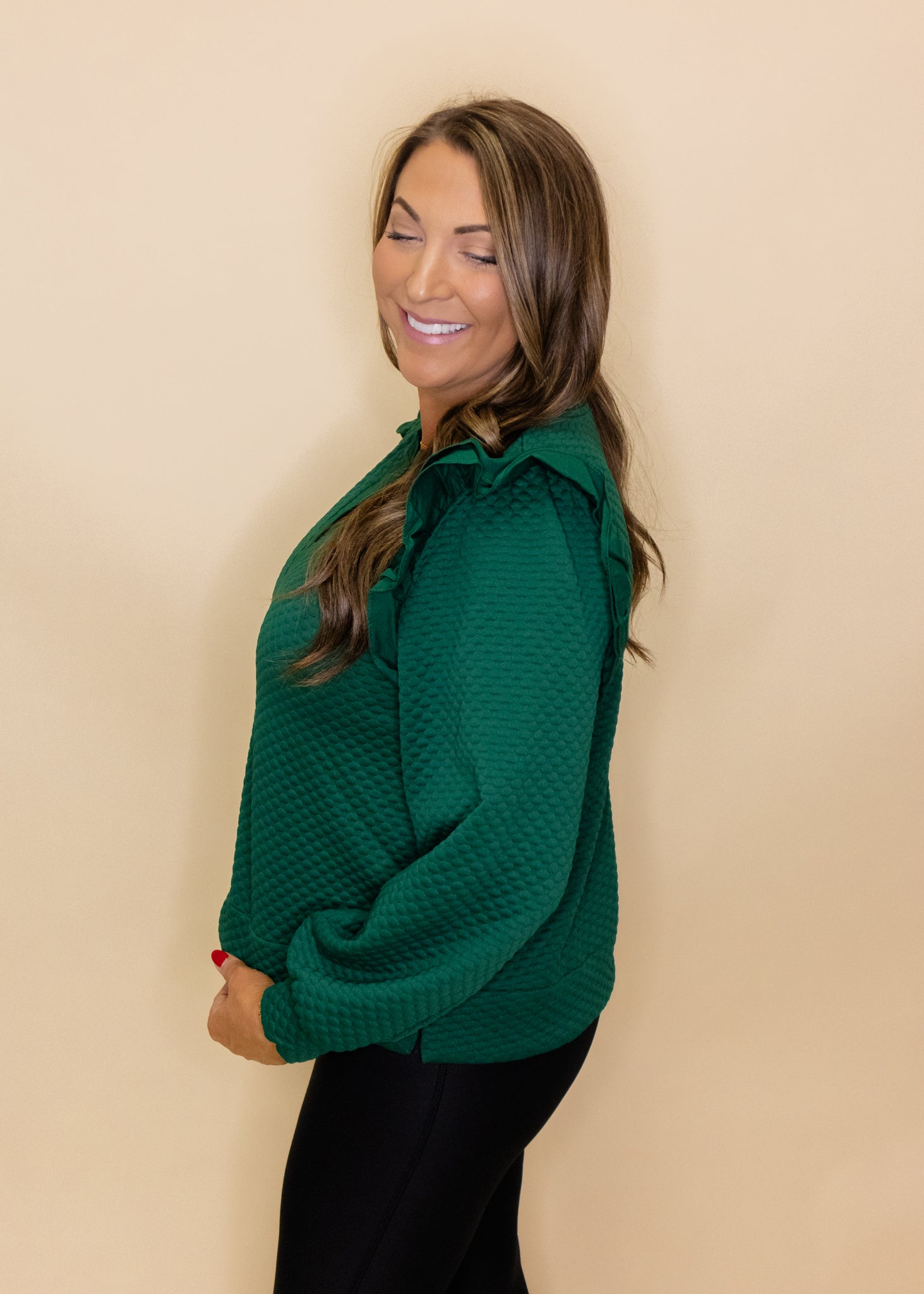 Hunter Green Textured Frill Sleeve Top