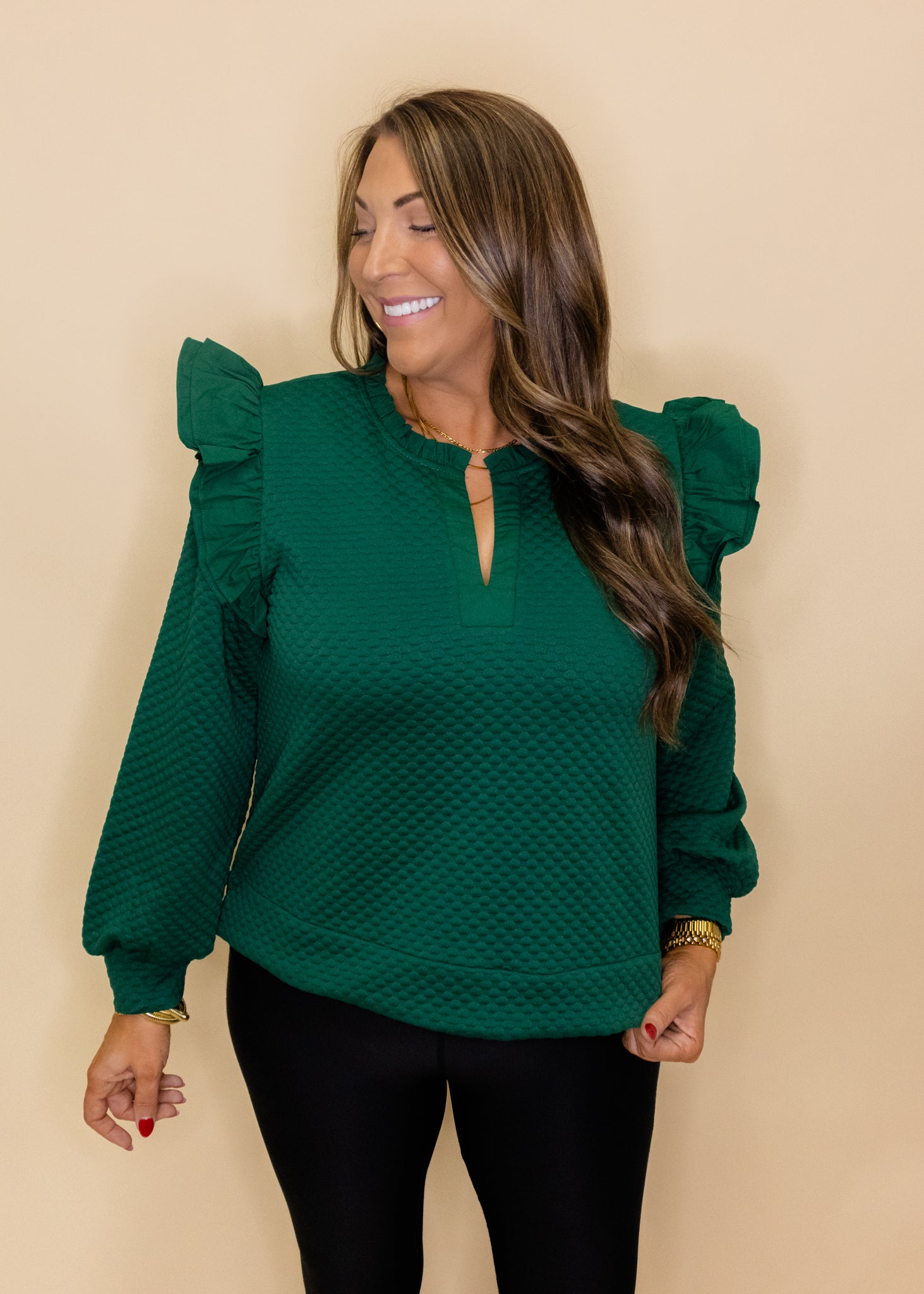 Hunter Green Textured Frill Sleeve Top