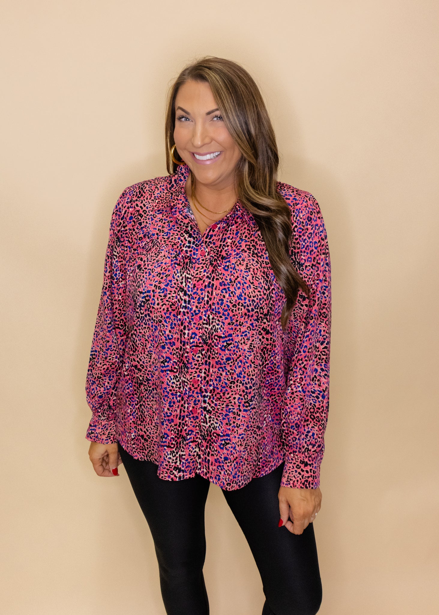 Pink Leopard Button Up Collar Top