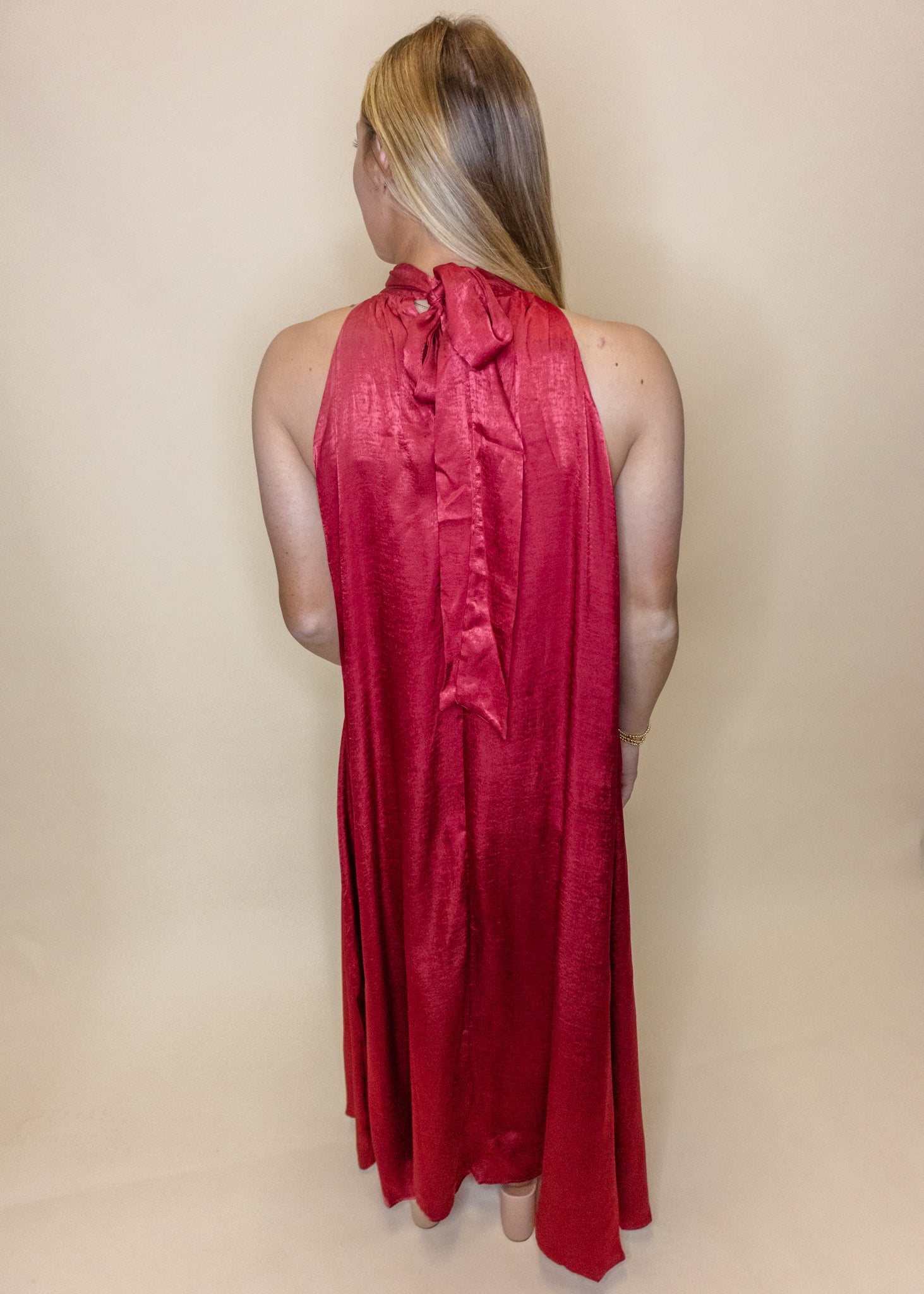 Burgundy Satin Halter Maxi Dress