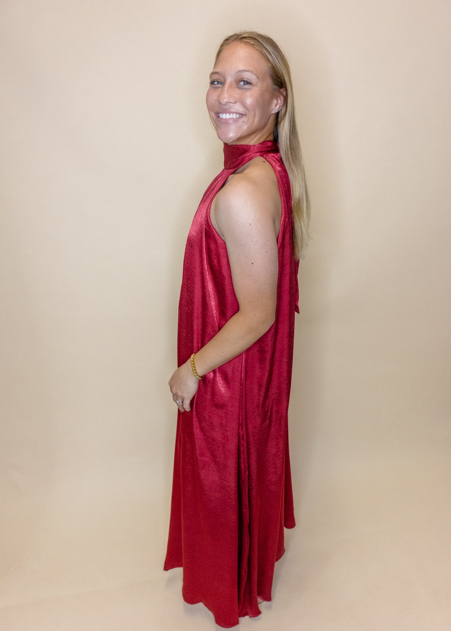 Burgundy Satin Halter Maxi Dress