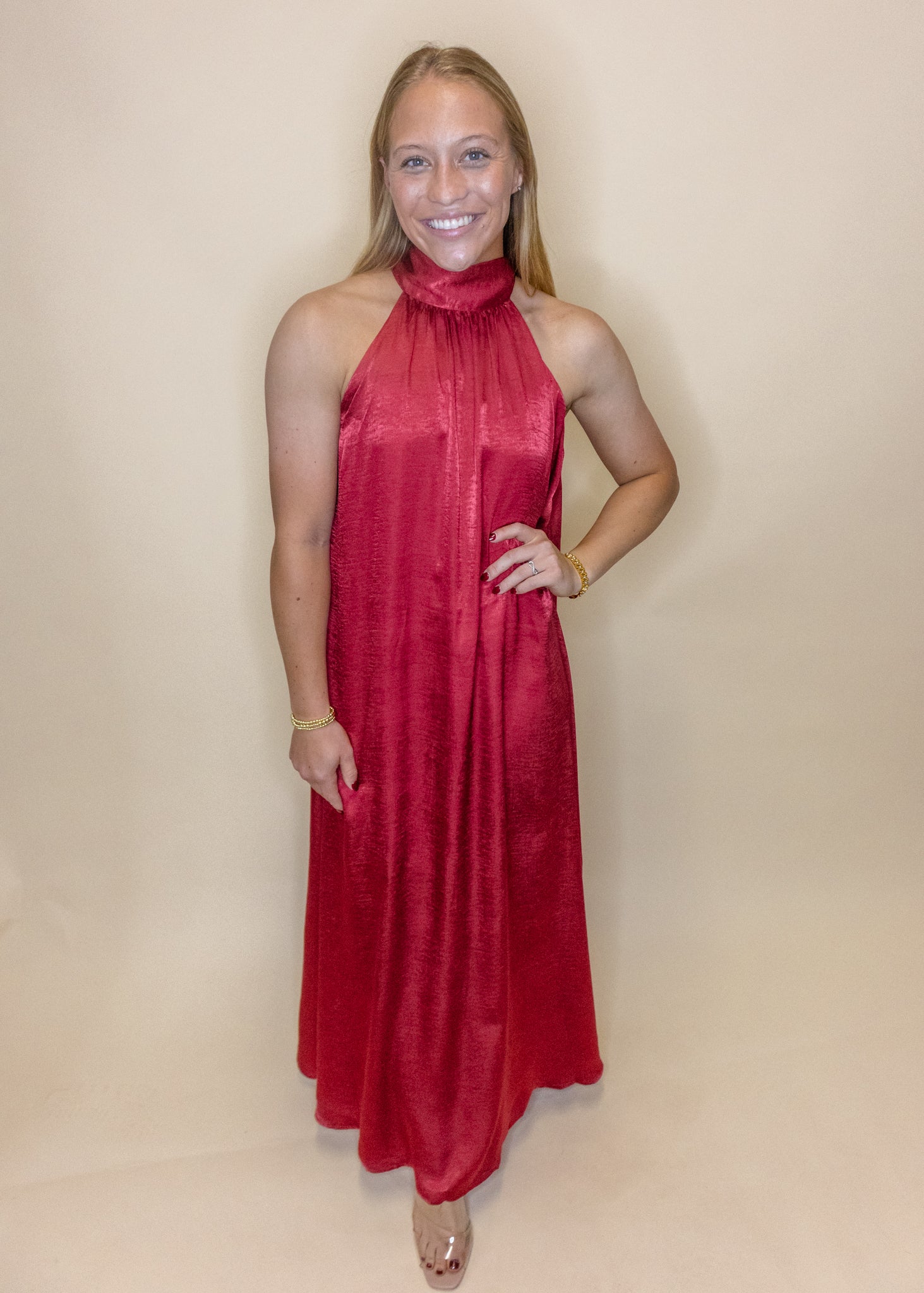 Burgundy Satin Halter Maxi Dress