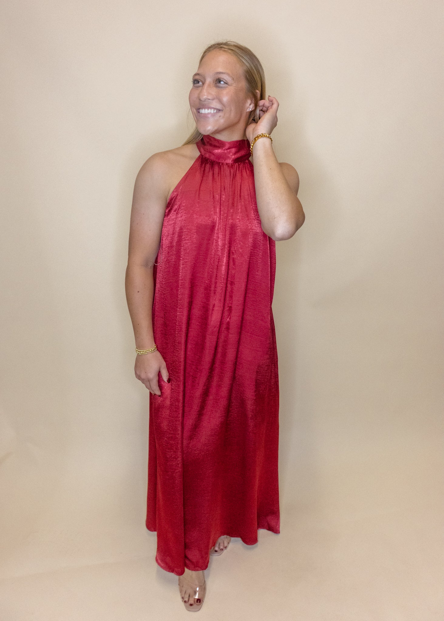 Burgundy Satin Halter Maxi Dress